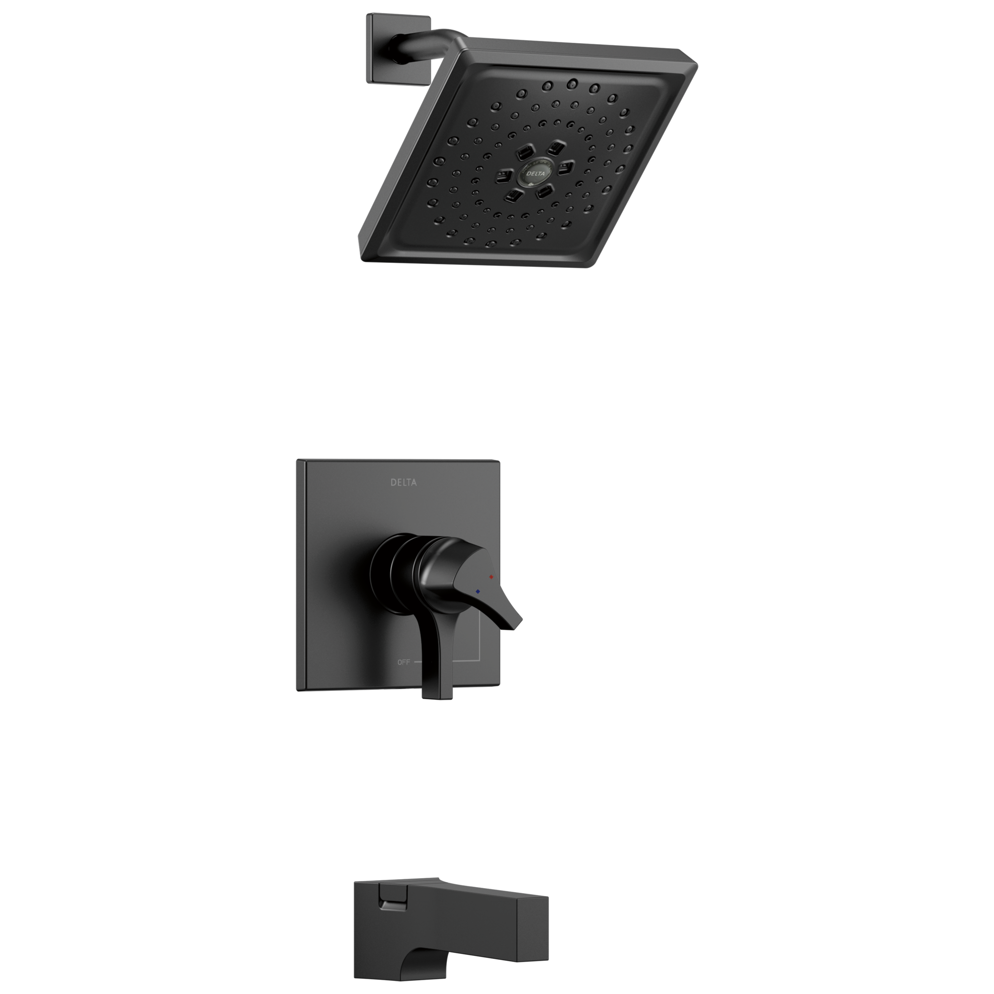 Faucet para bañera y regadera de rectangle de 6.63 pulgadas, mate negro de 2 manijas y función múltiple Delta Zura T17474-BL.