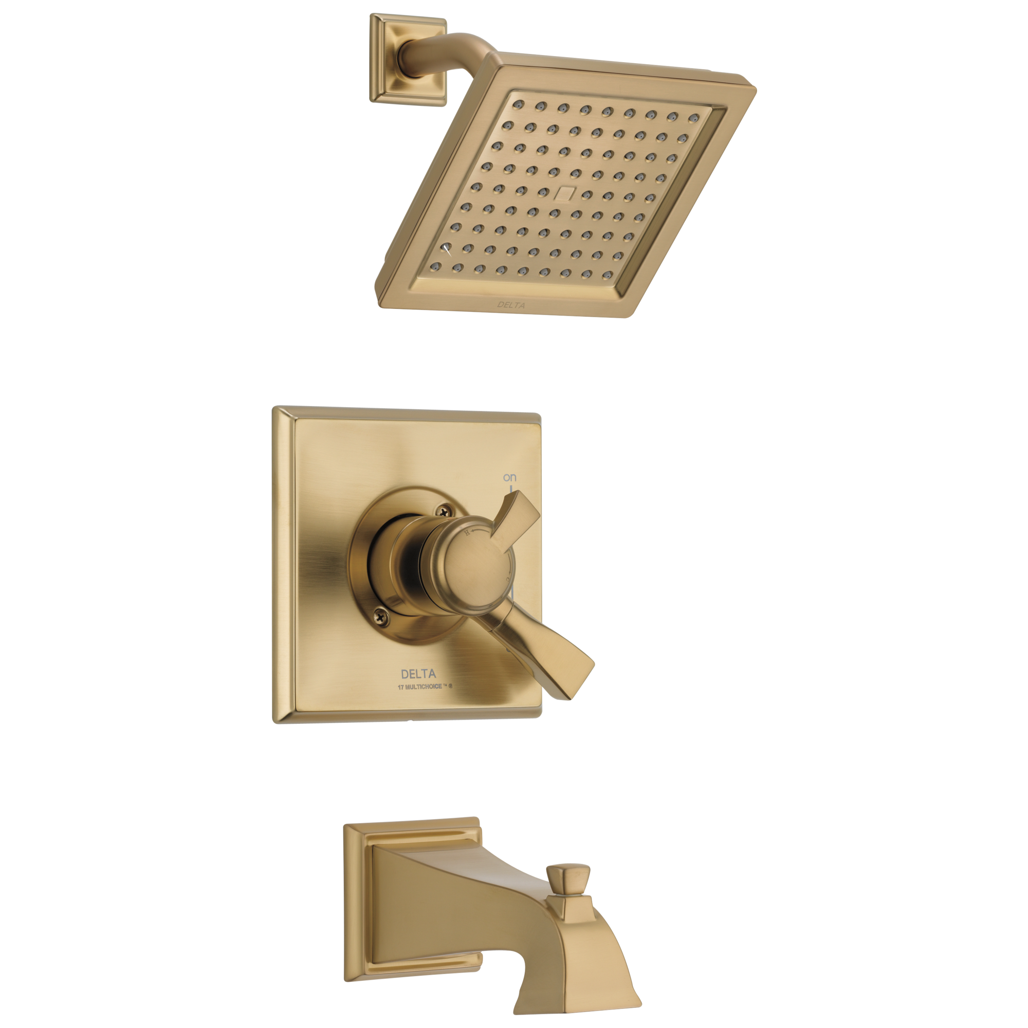 Grifo de bañera y ducha cuadrado de 6.5625 pulgadas con dos manijas en color bronce champan Delta Dryden