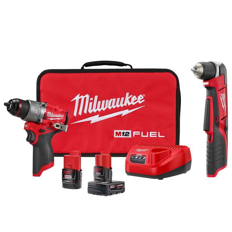Kit de taladro percutor inalámbrico Milwaukee M12 FUEL de 12V de iones de litio sin escobillas de 1/2 pulg. con taladro angular derecho de 3/8 pulg. M12 - 3404-22-2415-20