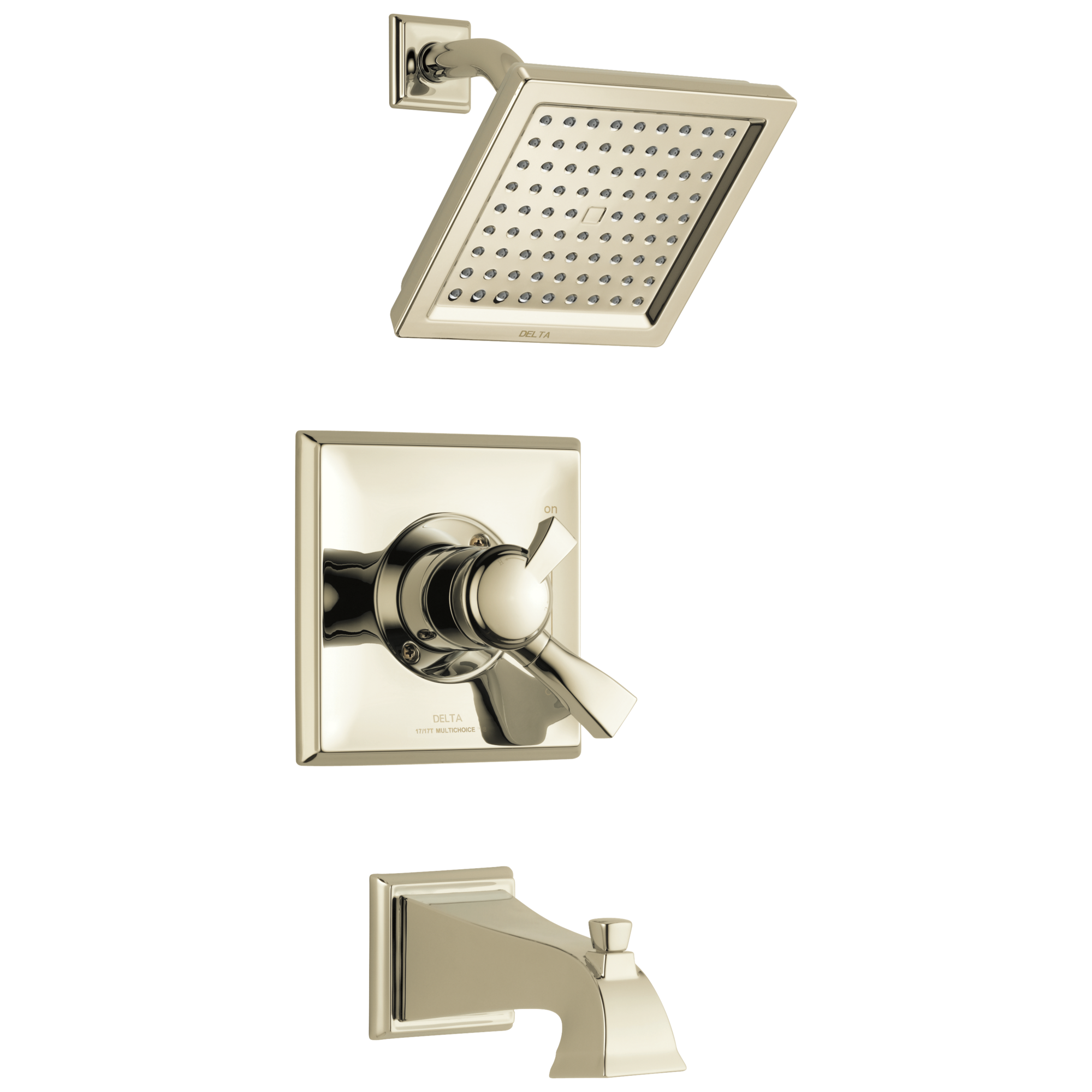 Grifo para bañera y ducha de dos mangos en níquel pulido Delta Dryden - Función única - Cuadrado de 6.5625 pulgadas - Modelo T17451-PN