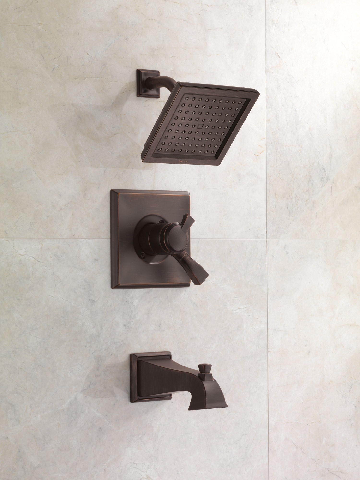 Grifo de Bañera y Ducha Redondo de 2 Manijas en Bronce Veneciano Delta Dryden Función Única de 6.5625 pulgadas T17451-RB