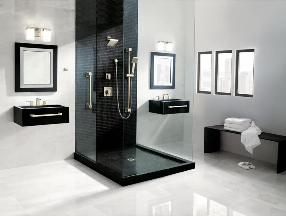 Grifo de bañera y ducha de 1 manija con función única, en níquel cepillado de la línea Moen 90 Degree, cuadrado de 6.19 pulgadas.