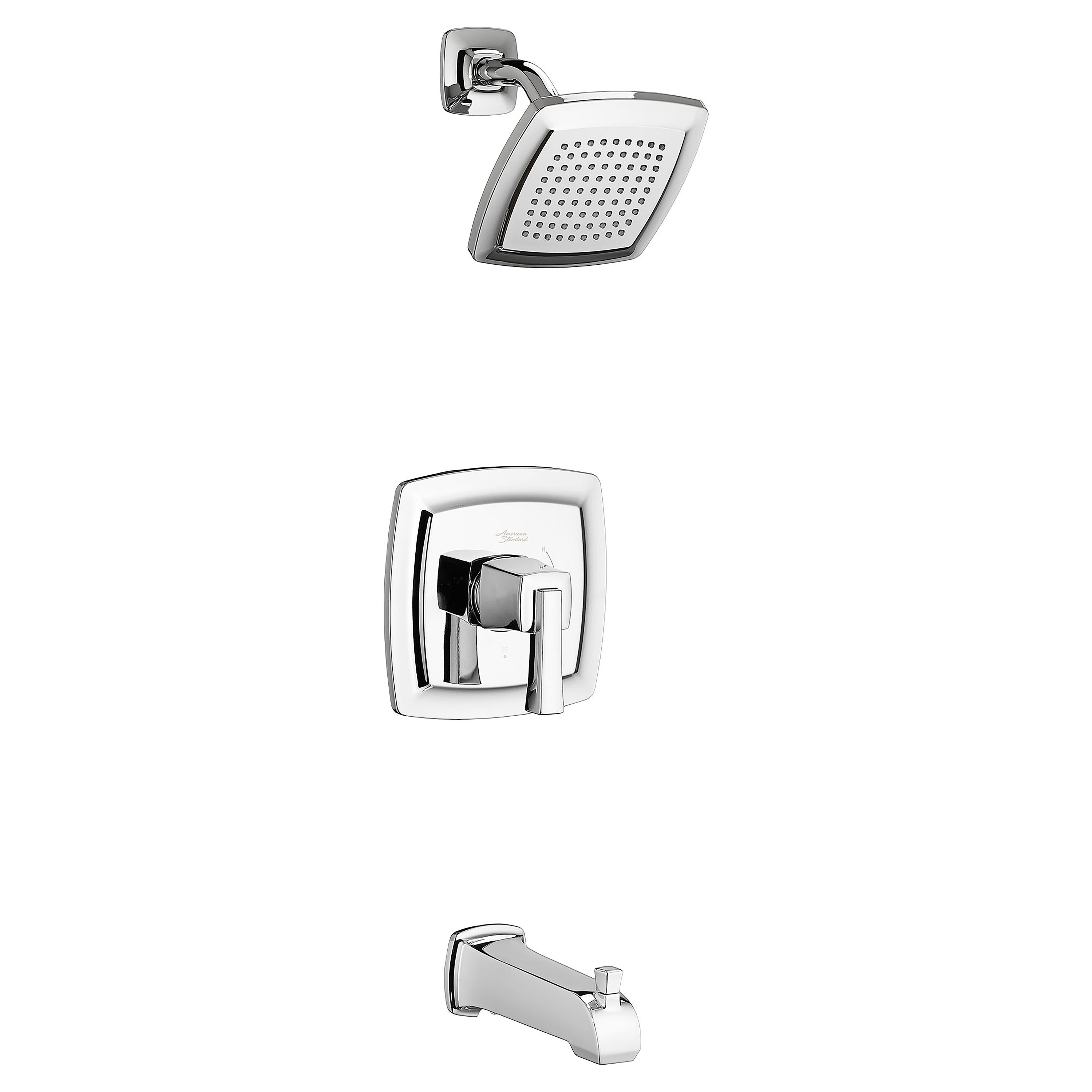 Mezcladora para bañera y regadera de una manija y una función, acabado cromado pulido, marca American Standard Townsend, modelo TU353508.002, con cabeza cuadrada de 6.125 pulgadas.