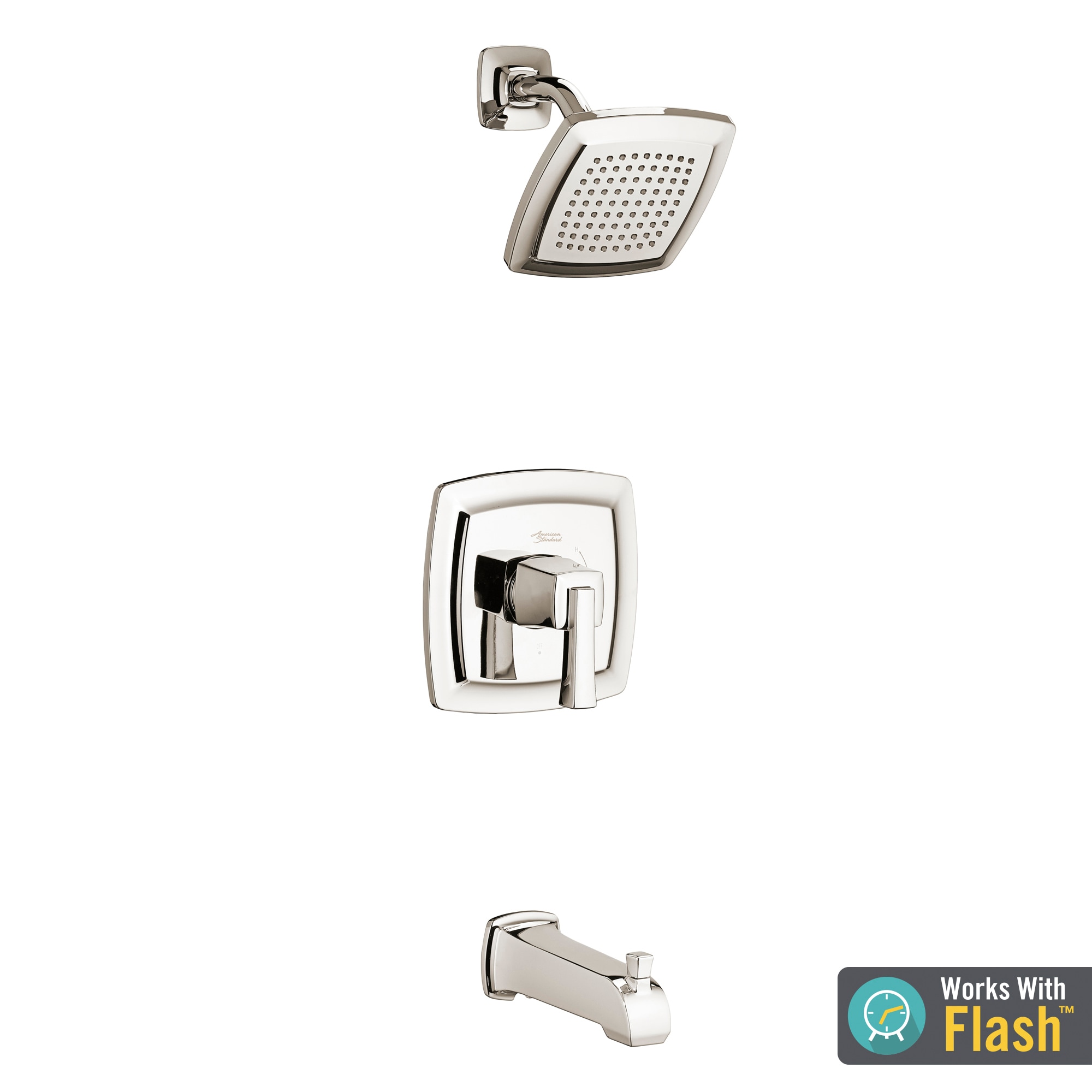 Grifo de bañera y ducha de una sola manija, acabado en níquel pulido, función simple, cuadrado de 6.125 pulgadas - Townsed de American Standard TU353508.013.