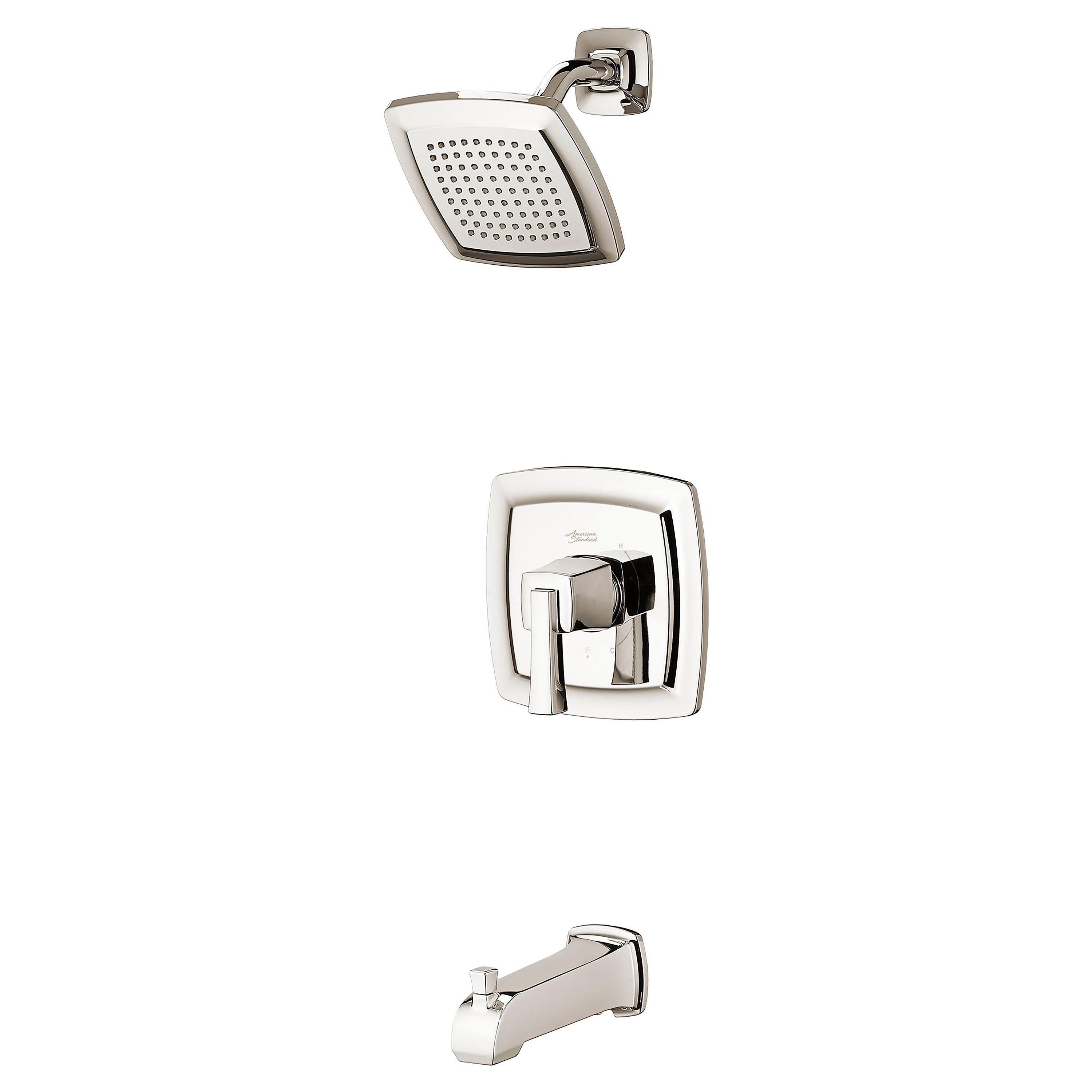 Grifo de bañera y ducha de una sola manija, acabado en níquel pulido, función simple, cuadrado de 6.125 pulgadas - Townsed de American Standard TU353508.013.