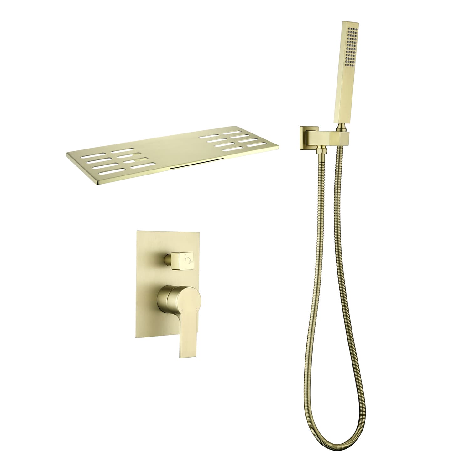Mezcladora de bañera y ducha de una sola manija en oro cepillado de 1.37 pulgadas, forma rectangular y portátil de Cobbe con válvula SSF0500G