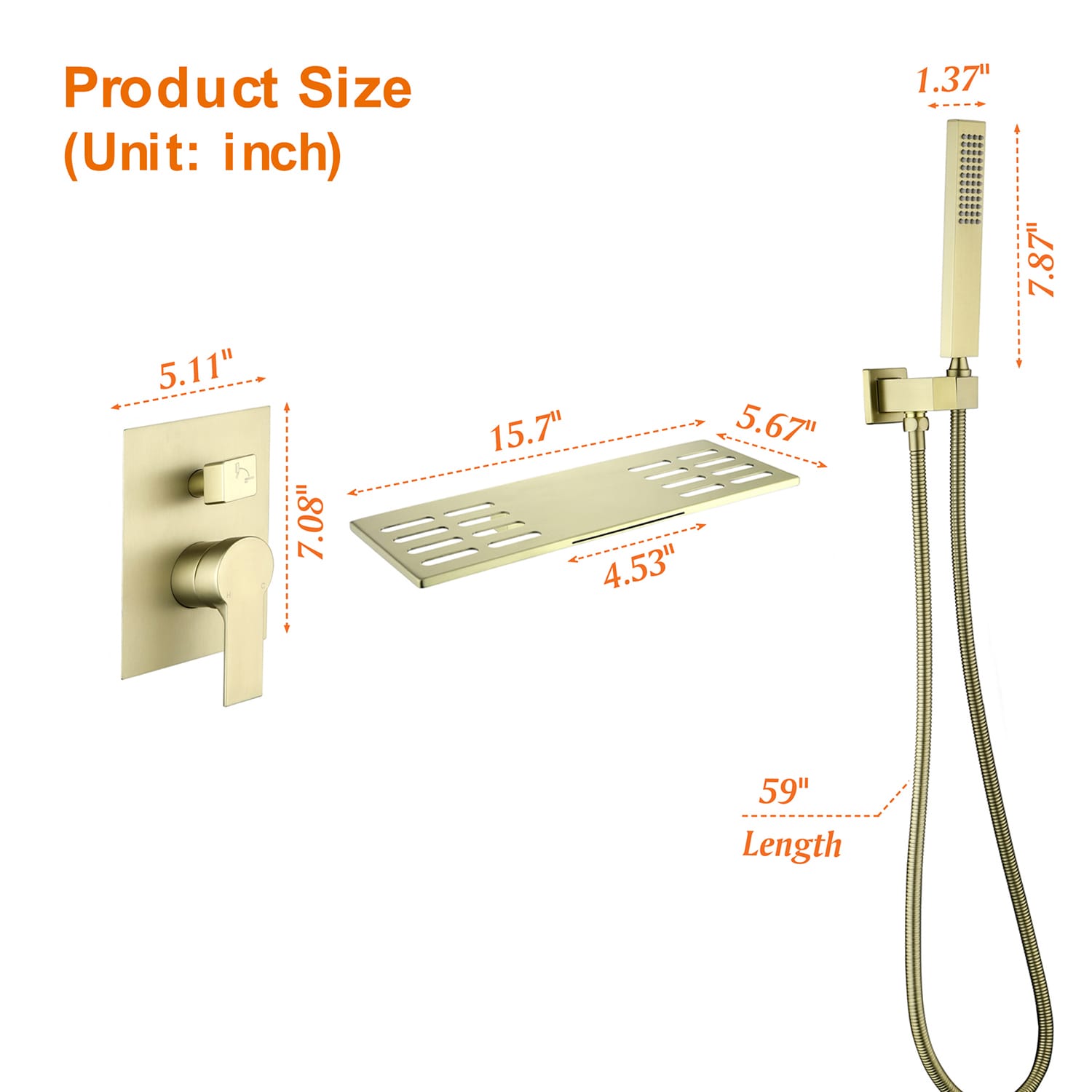 Mezcladora de bañera y ducha de una sola manija en oro cepillado de 1.37 pulgadas, forma rectangular y portátil de Cobbe con válvula SSF0500G