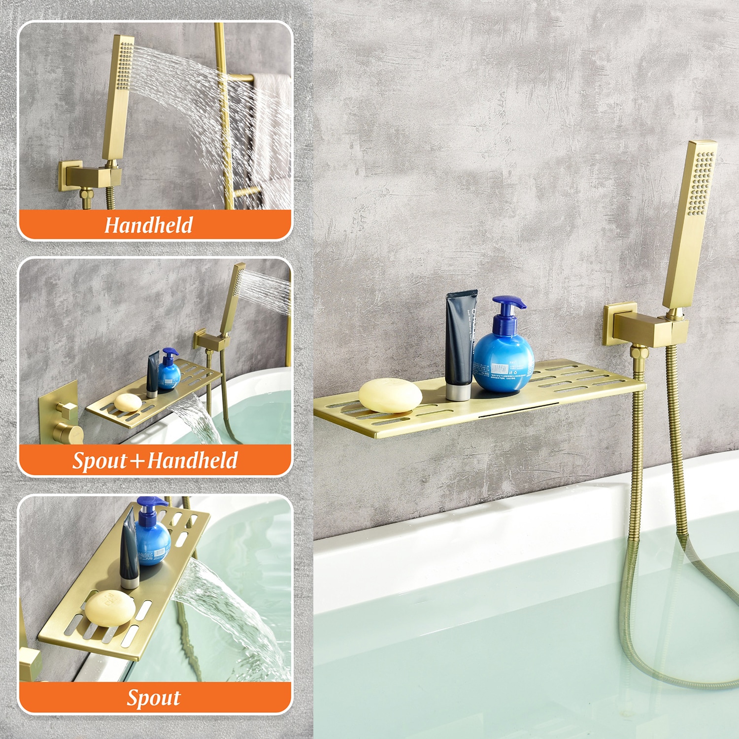 Mezcladora de bañera y ducha de una sola manija en oro cepillado de 1.37 pulgadas, forma rectangular y portátil de Cobbe con válvula SSF0500G