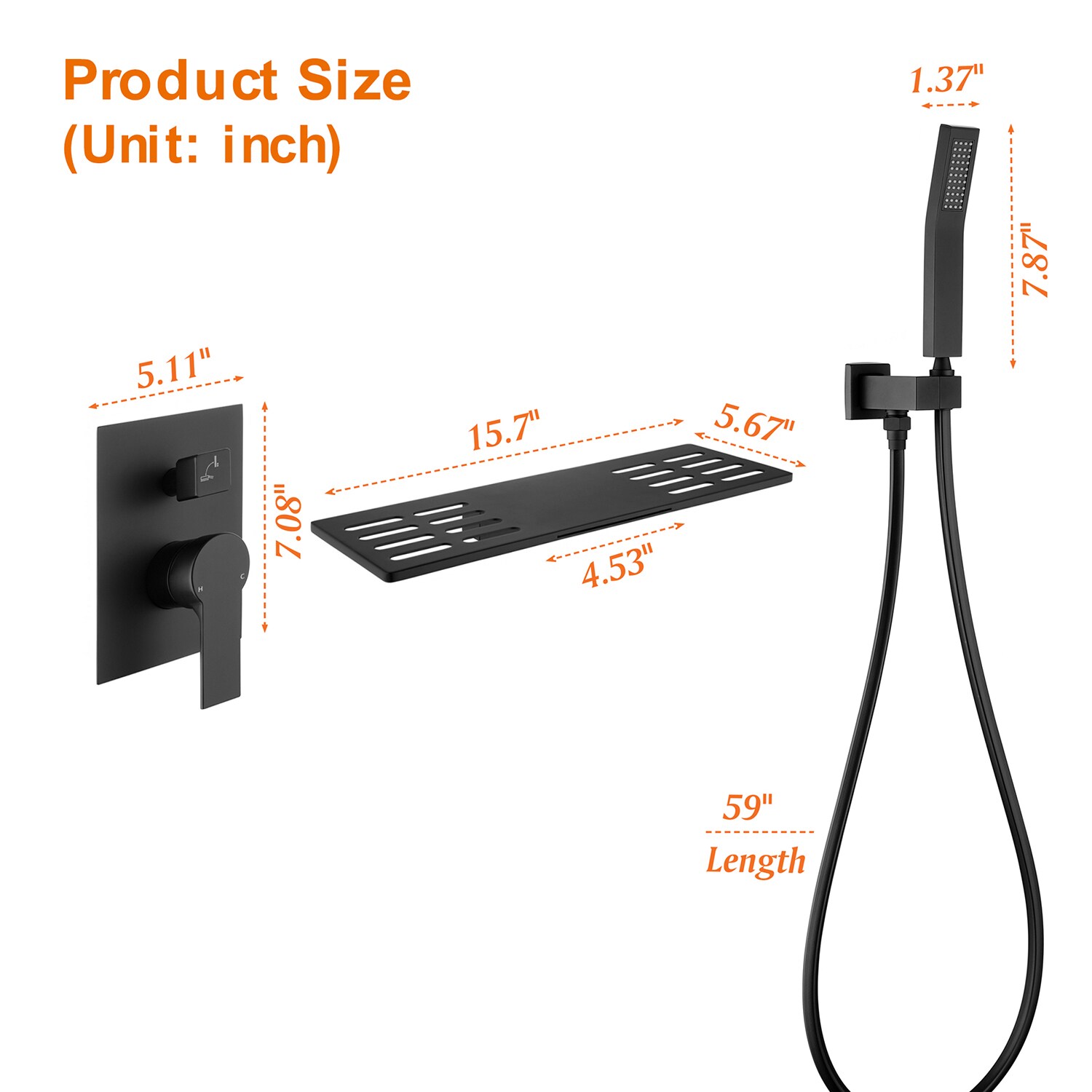 Grifo de bañera y ducha de una manija color negro de Cobbe con forma rectangular de 1.37 pulgadas con válvula SSF0500B