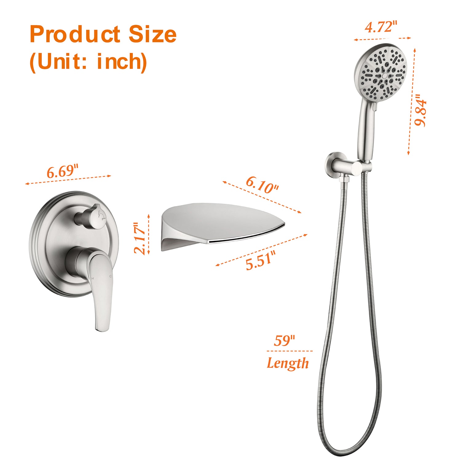 Grifo para bañera y ducha de una sola manija y cabezal portátil de níquel cepillado Cobbe de 4.72 pulgadas en forma rectangular con válvula SSF0400N