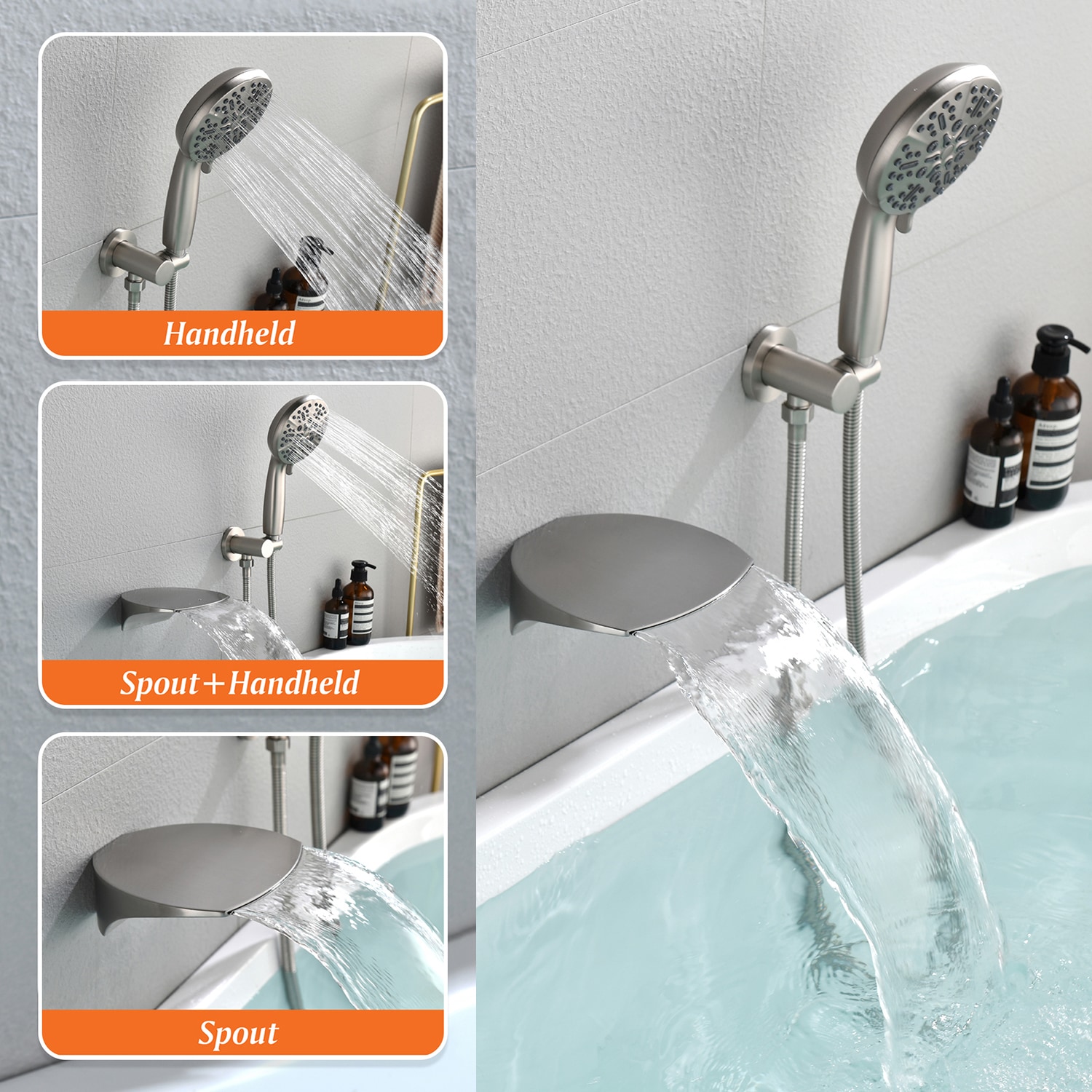 Grifo para bañera y ducha de una sola manija y cabezal portátil de níquel cepillado Cobbe de 4.72 pulgadas en forma rectangular con válvula SSF0400N