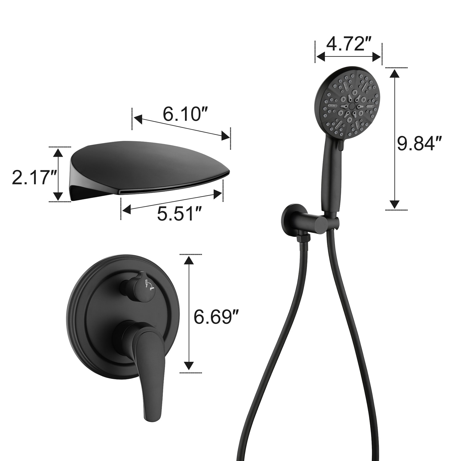 Grifo de bañera y ducha de mano de un mango en negro de 4.72 pulgadas de forma rectangular Cobbe con válvula SSF0400B