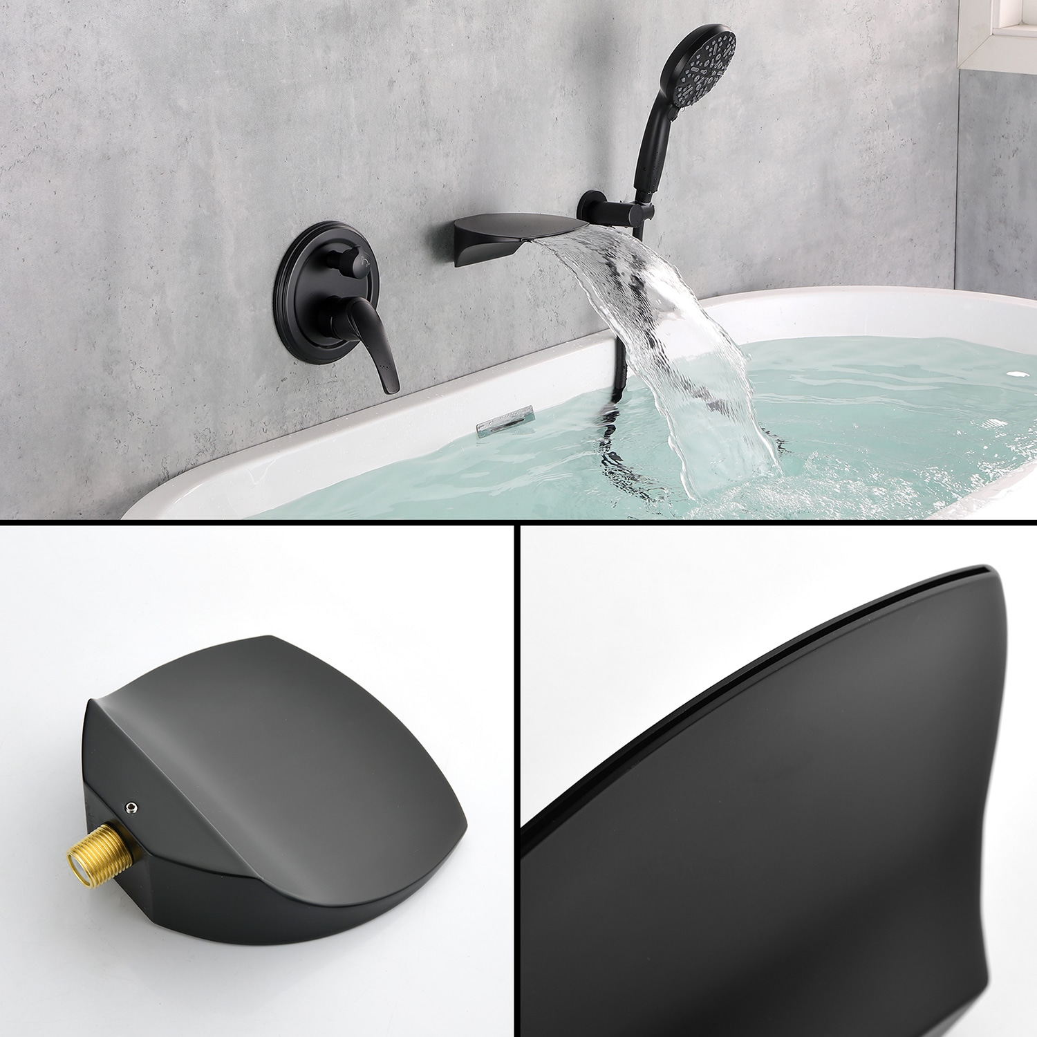 Grifo de bañera y ducha de mano de un mango en negro de 4.72 pulgadas de forma rectangular Cobbe con válvula SSF0400B