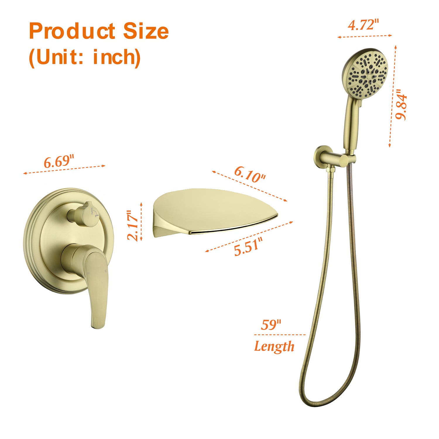 Grifo de bañera y ducha de 1 mango bañado en oro cepillado de 4.72 pulgadas de cobre con válvula