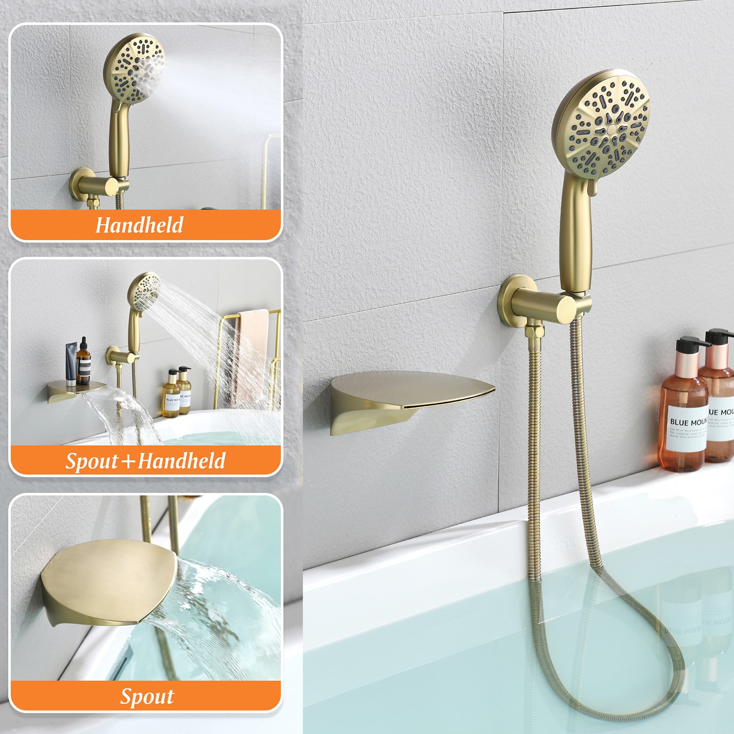 Grifo de bañera y ducha de 1 mango bañado en oro cepillado de 4.72 pulgadas de cobre con válvula