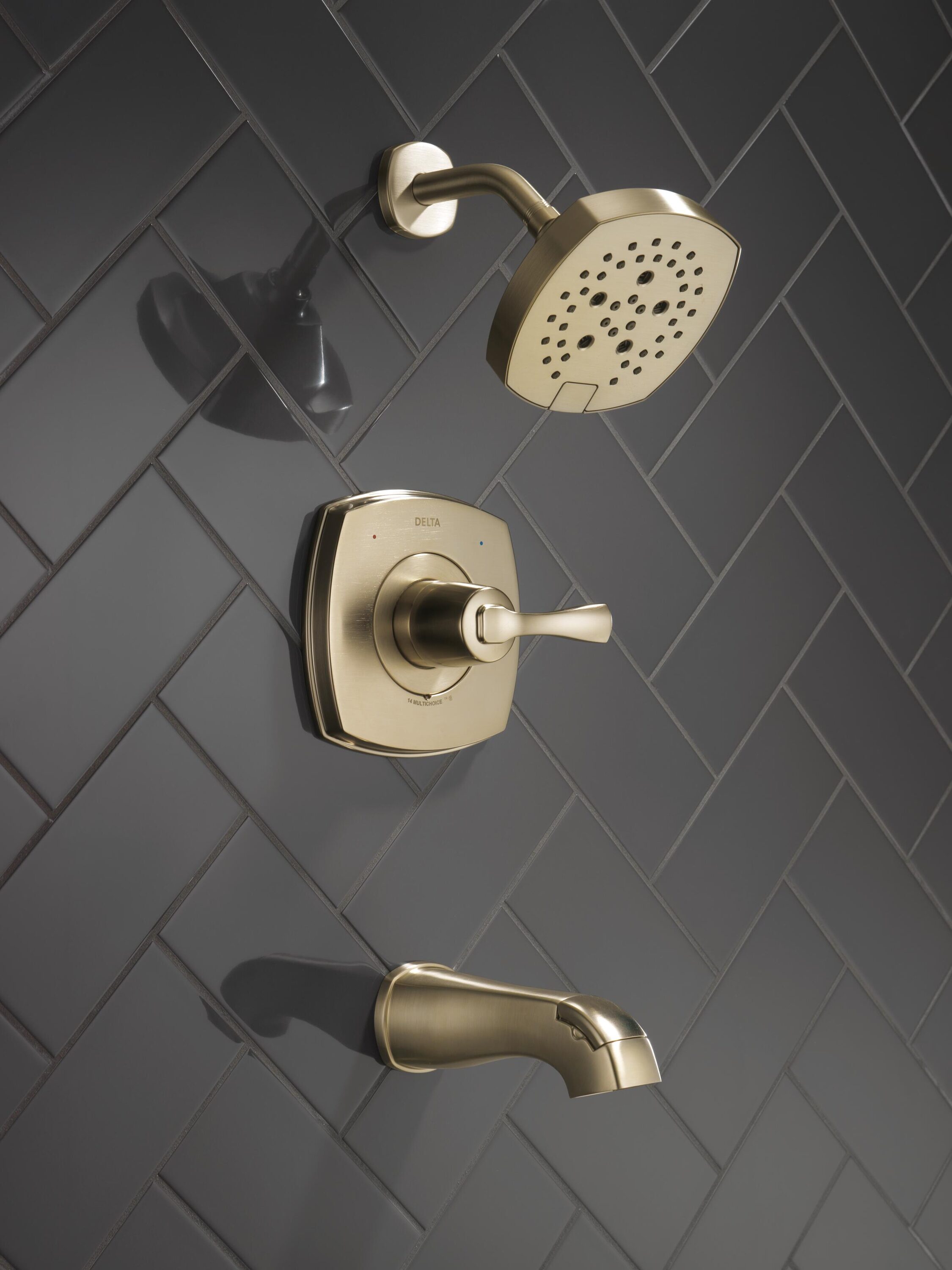 Grifo de bañera y ducha redonda de 7.0 pulgadas de una sola manija en acabado bronce champan Lumicoat Delta Stryke