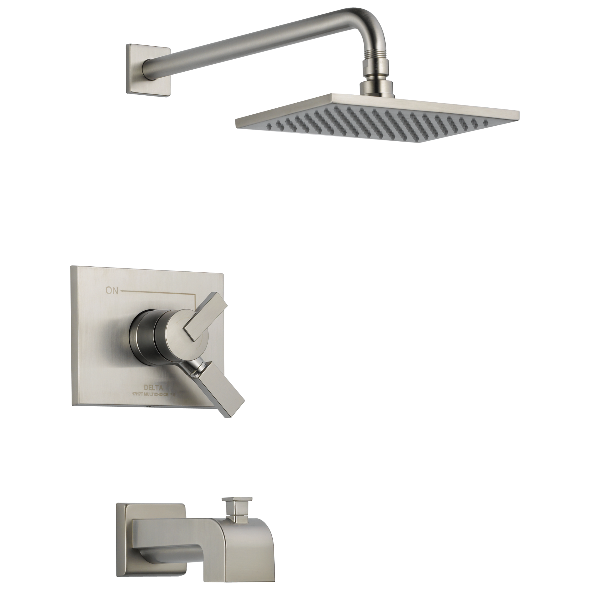 Llave mezcladora de bañera y regadera cuadrada de acero inoxidable Delta Vero con 2 manijas y función sencilla de 8.656 pulgadas.