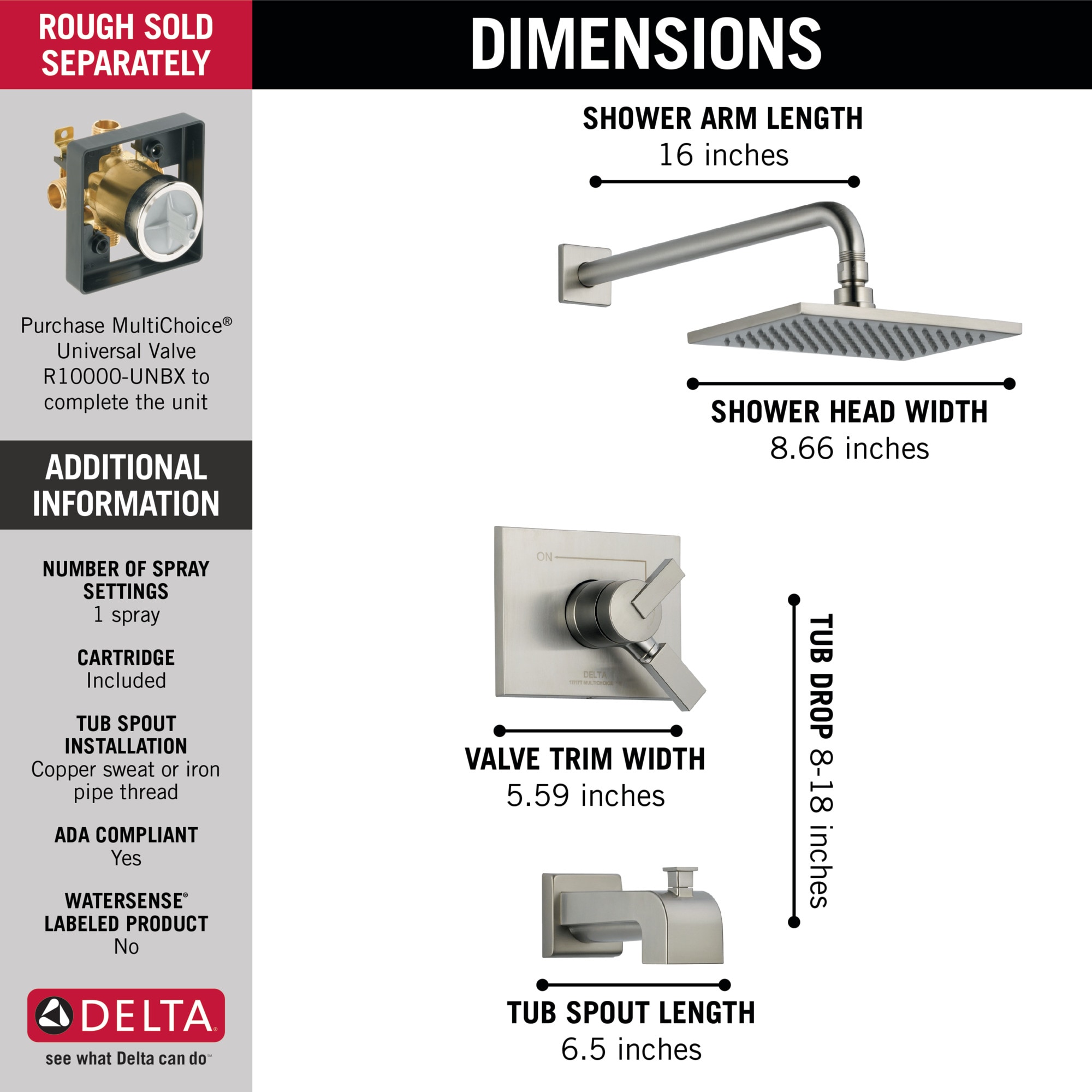 Llave mezcladora de bañera y regadera cuadrada de acero inoxidable Delta Vero con 2 manijas y función sencilla de 8.656 pulgadas.