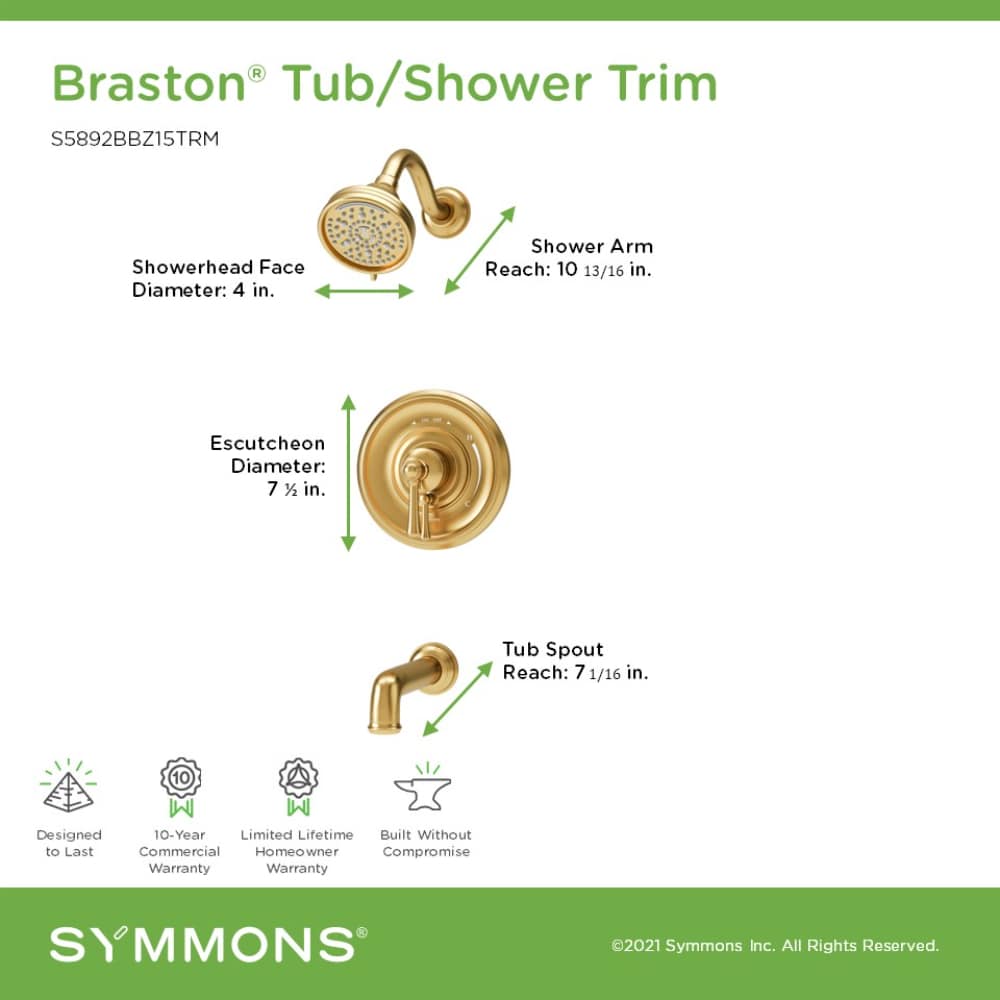 Mezcladora de Bañera y Ducha Redonda de 4.07 Pulgadas en Bronce Cepillado de una Manija y Multi-funcionalidad Braston Symmons S5892BBZ15TRM