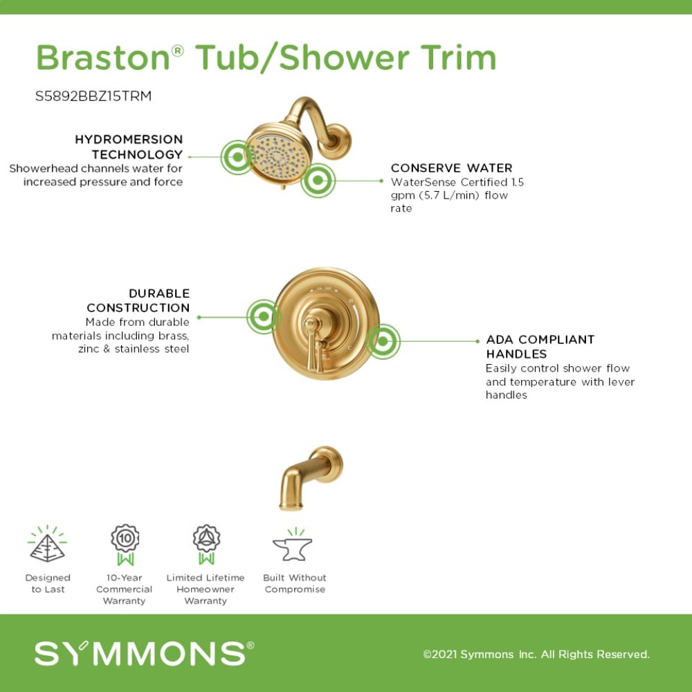 Mezcladora de Bañera y Ducha Redonda de 4.07 Pulgadas en Bronce Cepillado de una Manija y Multi-funcionalidad Braston Symmons S5892BBZ15TRM