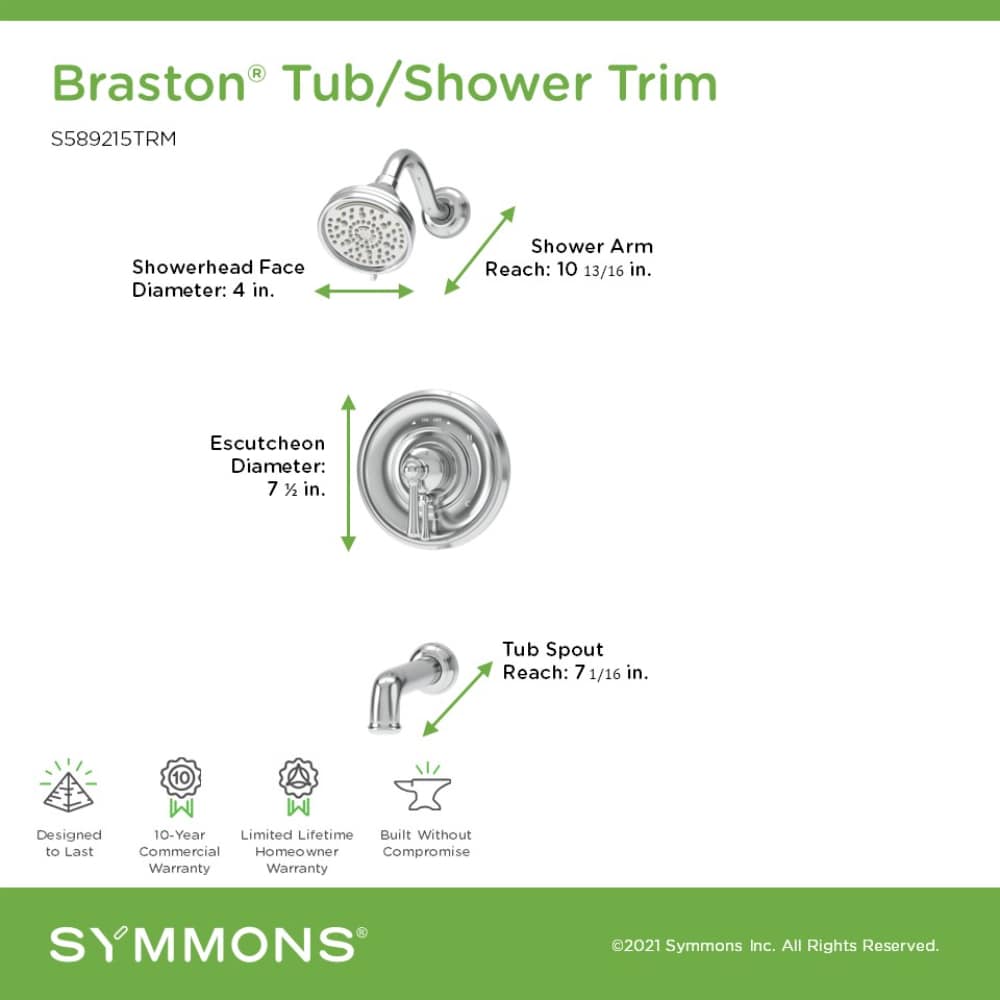 Mezcladora para bañera y ducha redonda de 4.07 pulgadas de función múltiple con acabado cromado pulido Braston de Symmons S589215TRM.