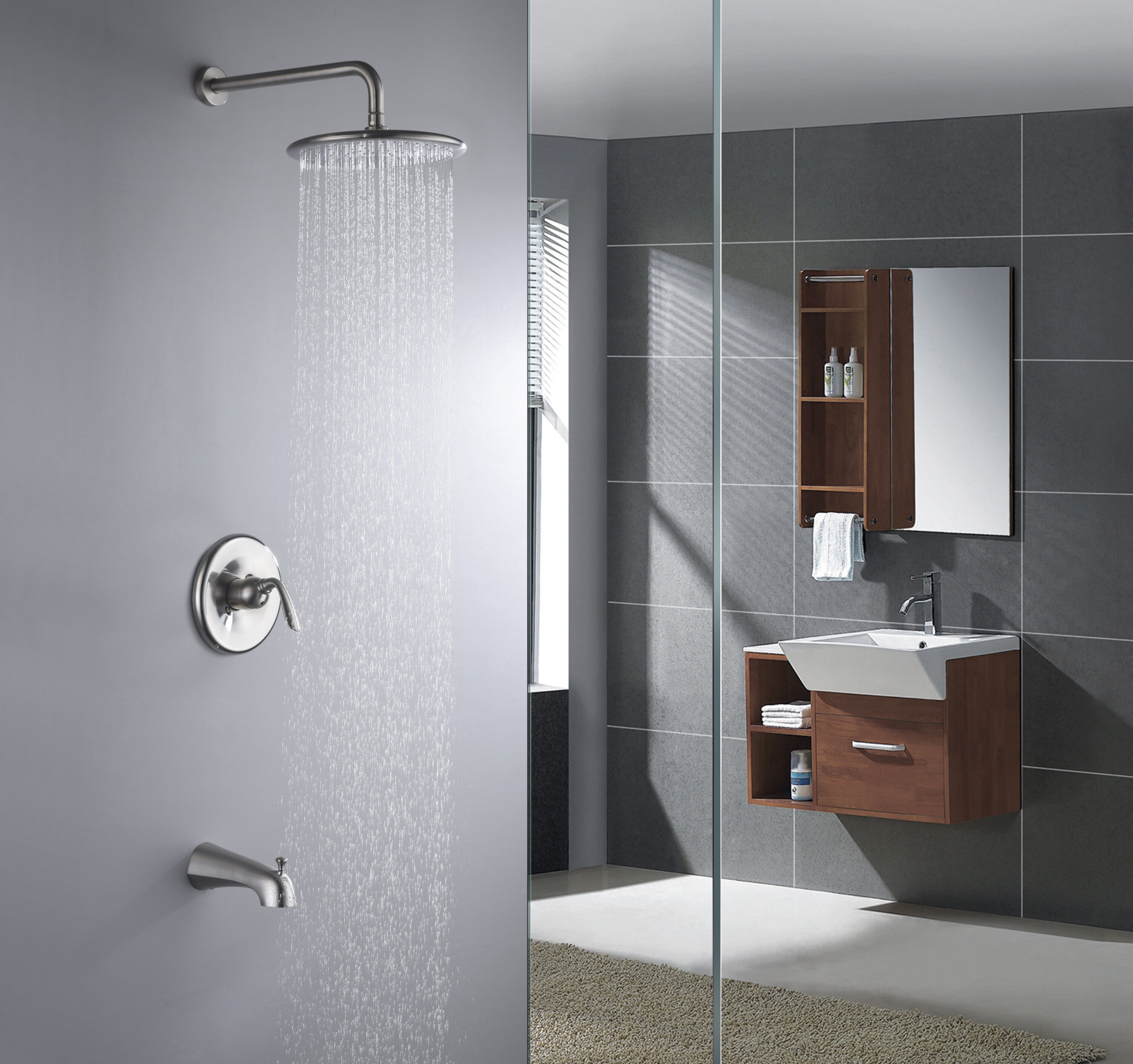 Grifo monomando de bañera y ducha redonda de 11.39 pulgadas, función única, acabado en níquel cepillado ANZZI Meno con válvula SH-AZ032BN