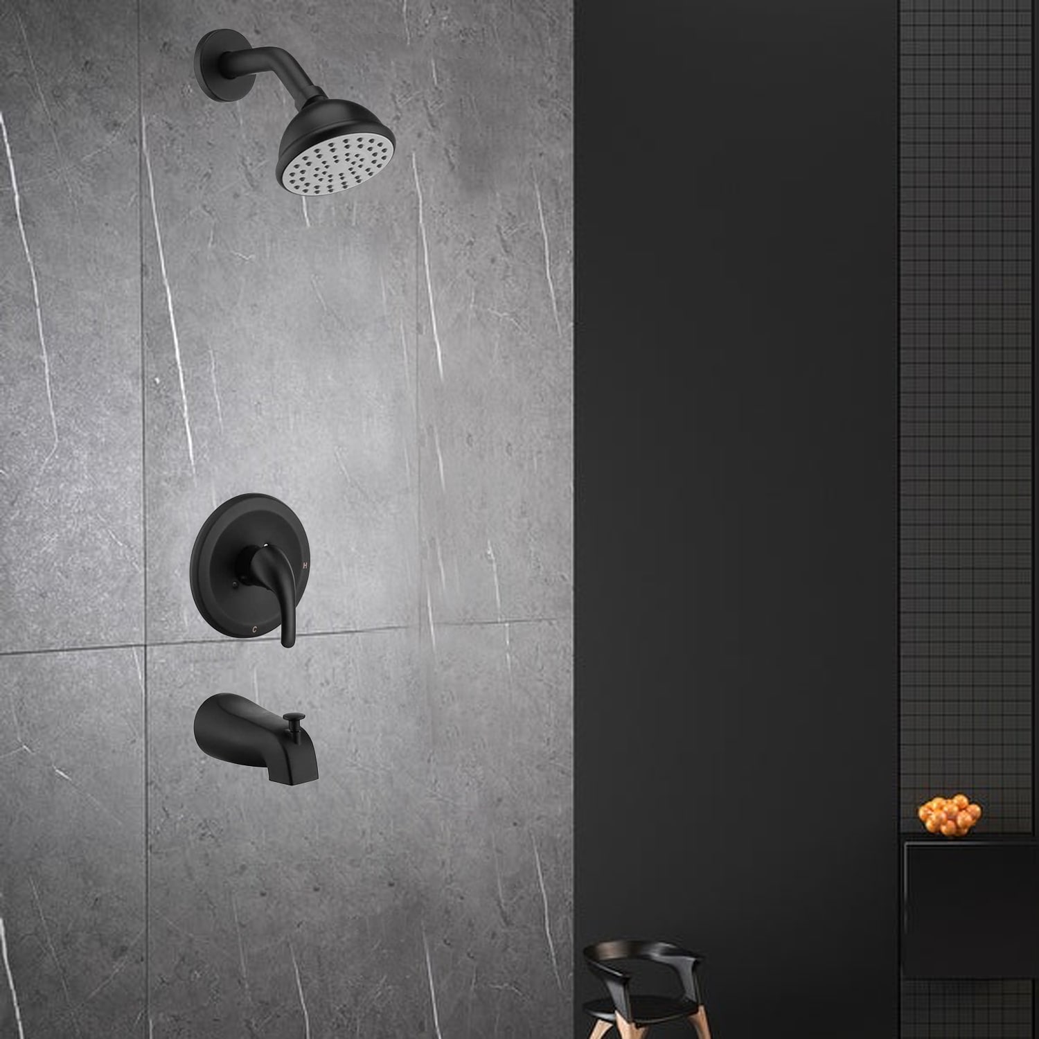 Grifo para bañera y regadera redonda de 4 pulgadas, acabado negro mate, monomando de 1 función con válvula - RCH-BAS813
