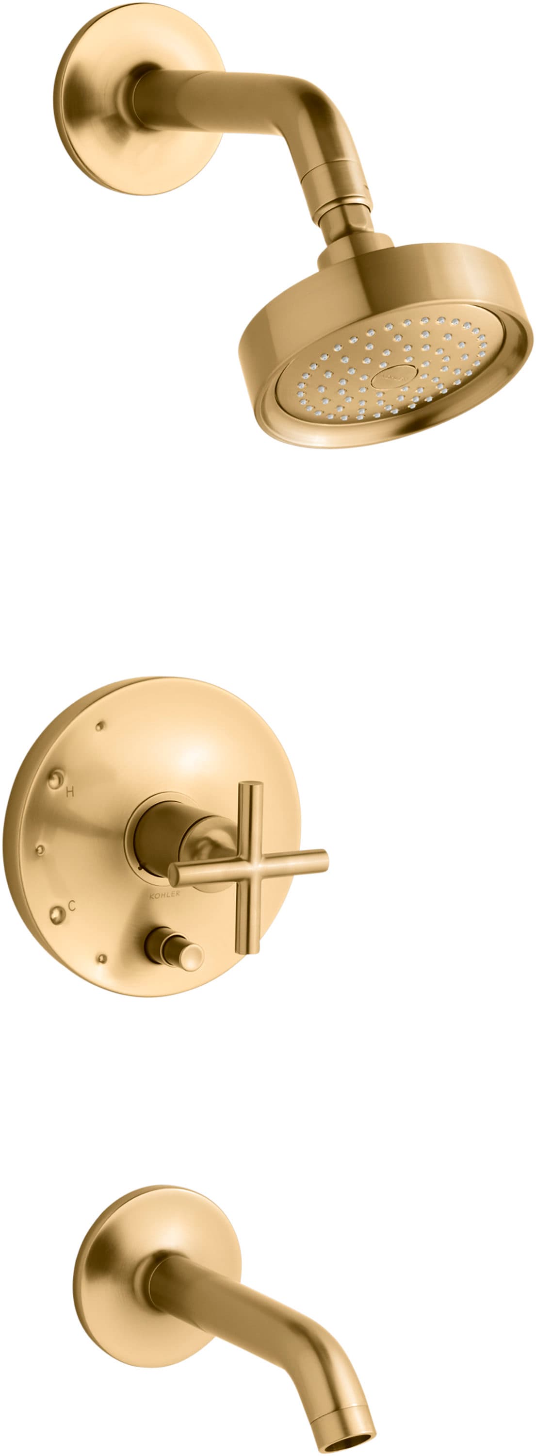Grifo para tina y ducha de una sola función con un mango en latón moderno vibrante cepillado de KOHLER Purist de 4 pulgadas de diámetro (válvula no incluida) K-T14420-3-2MB
