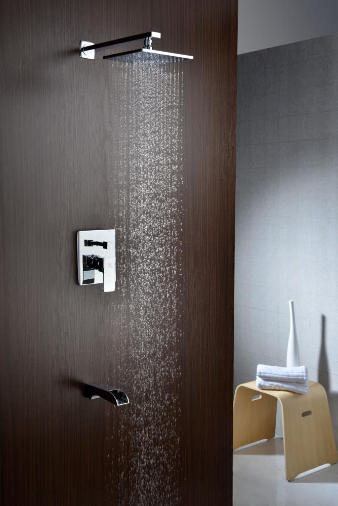 Grifo de bañera y ducha cuadrado de 7.99 pulgadas con acabado cromado pulido y una sola manija.