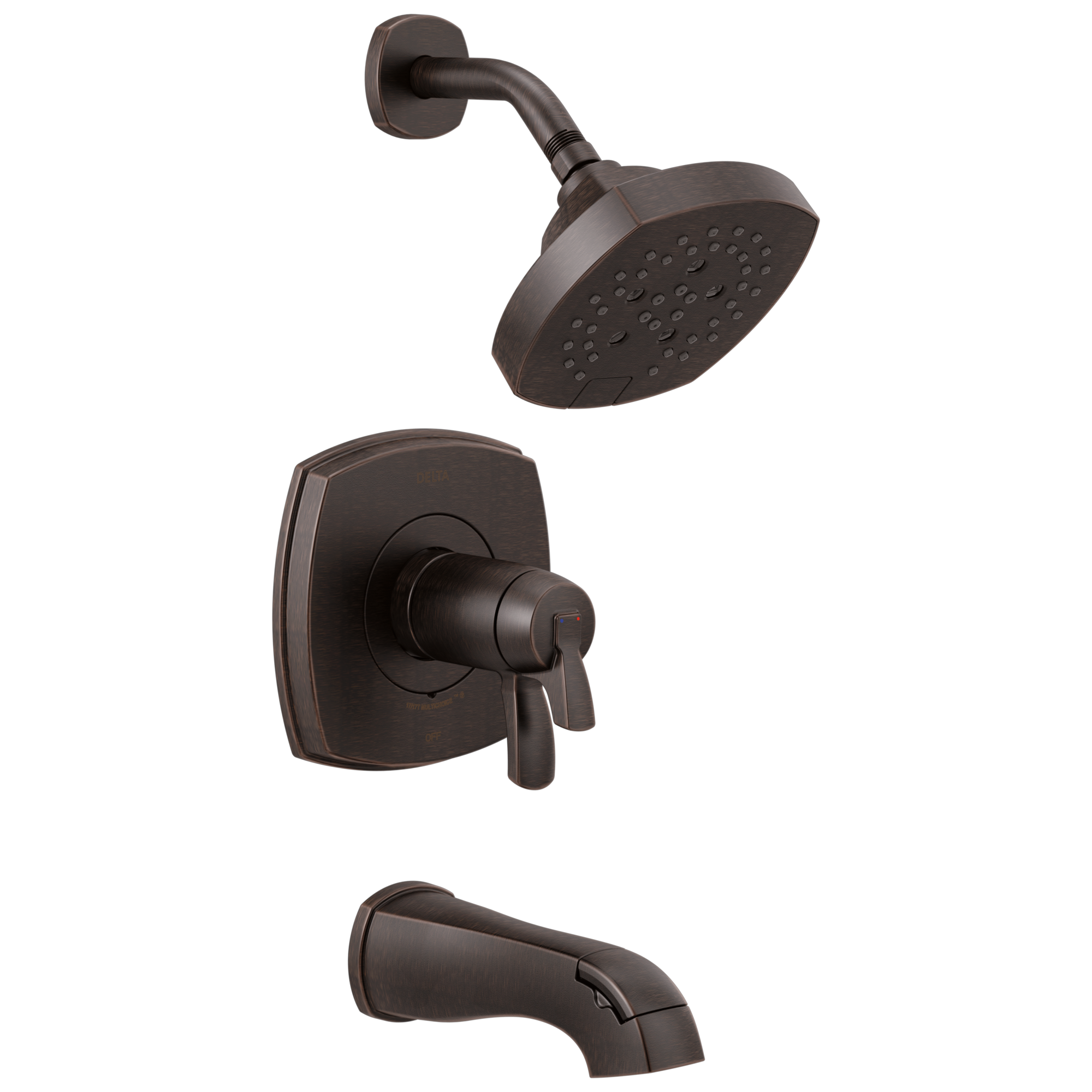 Grifería para bañera y ducha redonda de 6 pulgadas con 2 manijas en bronce veneciano de la colección Delta Stryke