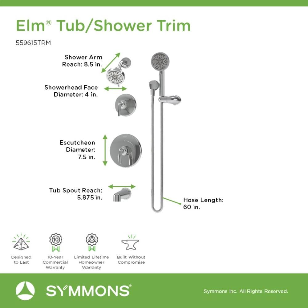 Grifo para Bañera y Ducha Redonda de 3.94 Pulgadas con 2 Manijas en Cromo Pulido de Symmons Elm