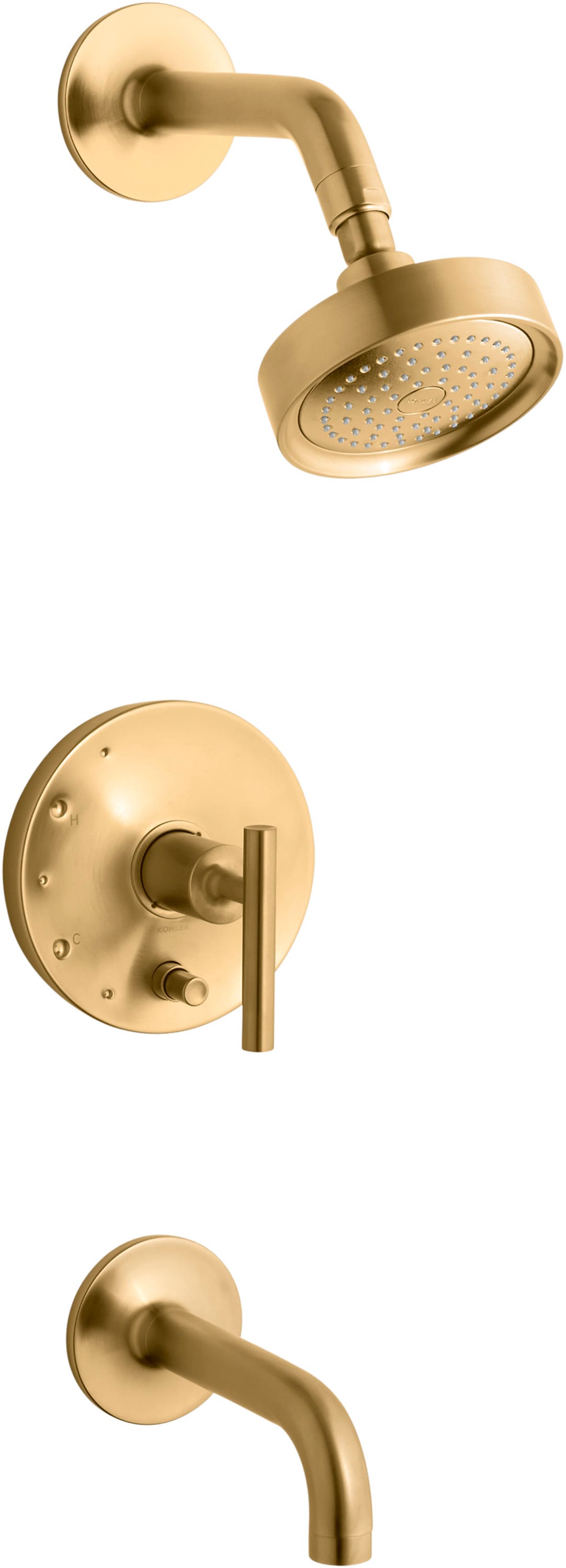 Grifo de bañera y ducha redondo de 5 pulgadas con acabado de latón moderado vibrante Purist de KOHLER de una manija y función única (Válvula no incluida) K-T14421-4-2MB