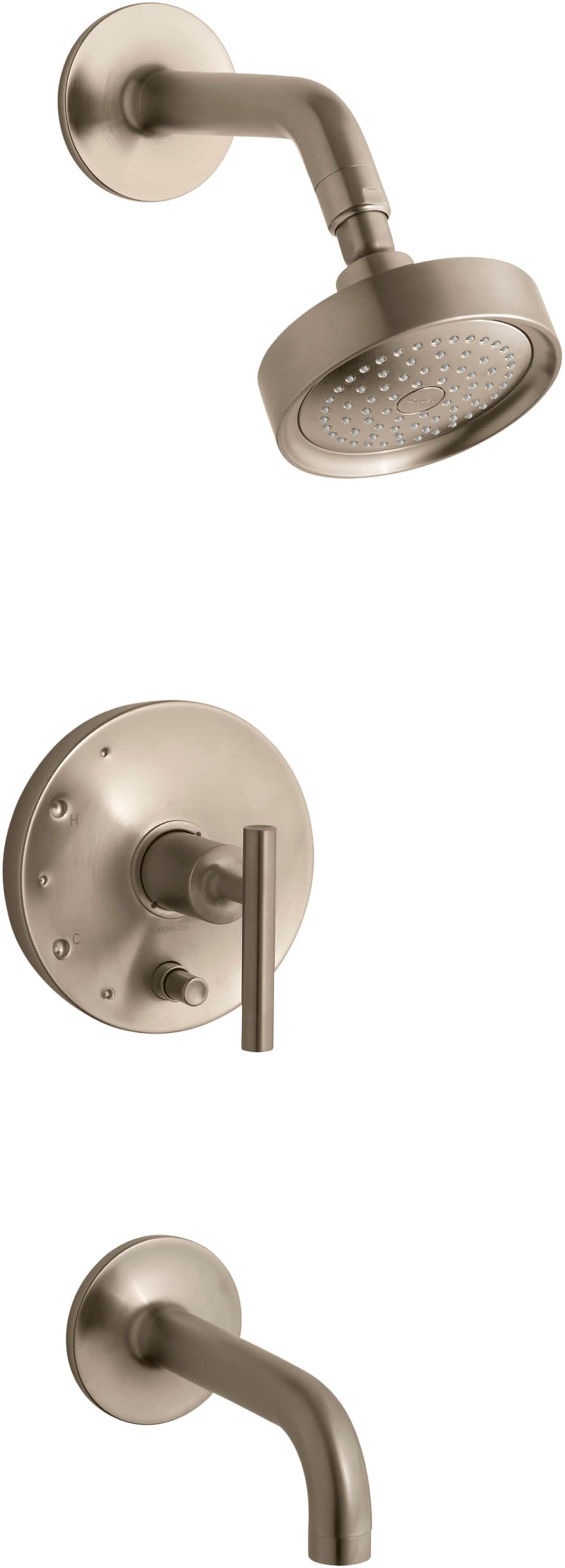 Grifo de bañera y ducha redondo de 5.47 pulgadas, un solo mango y función única en bronce cepillado vibrante KOHLER Purist T14421-4-BV