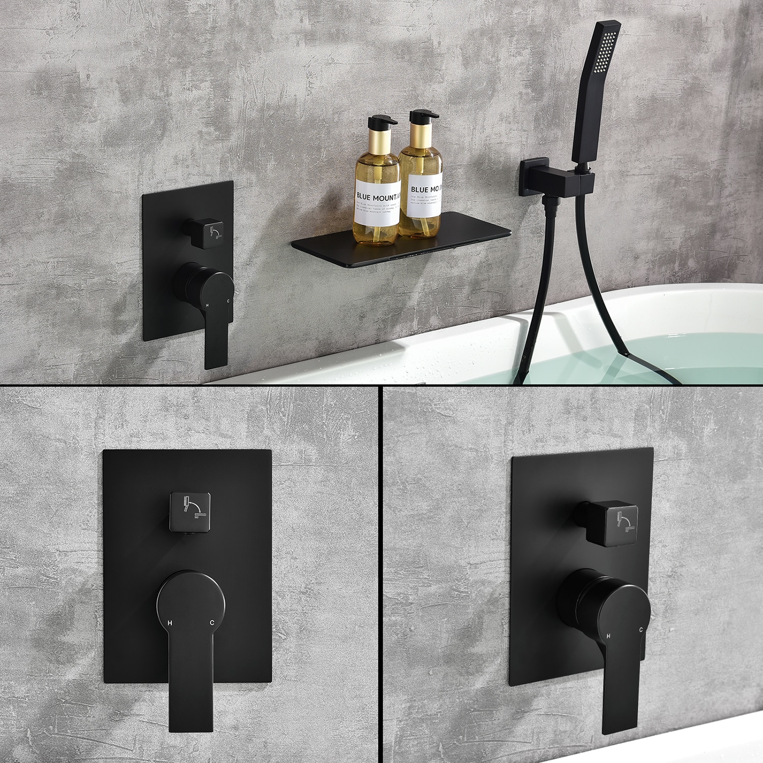 Grifo de bañera y ducha de mano de una sola manija en negro Cobbe con válvula de 1.37 pulgadas
