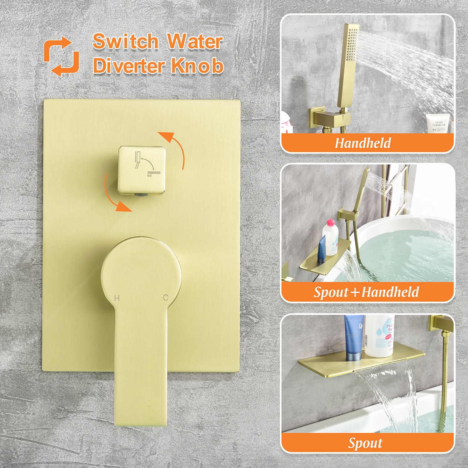 Grifo de bañera y ducha de una manija y tamaño rectangular de 1.37 pulgadas en acabado dorado cepillado Cobbe con válvula SSF0300G.