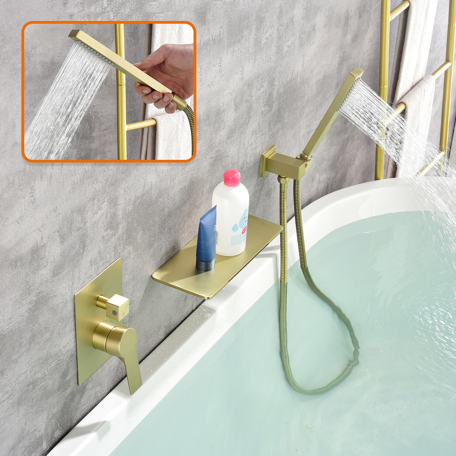 Grifo de bañera y ducha de una manija y tamaño rectangular de 1.37 pulgadas en acabado dorado cepillado Cobbe con válvula SSF0300G.