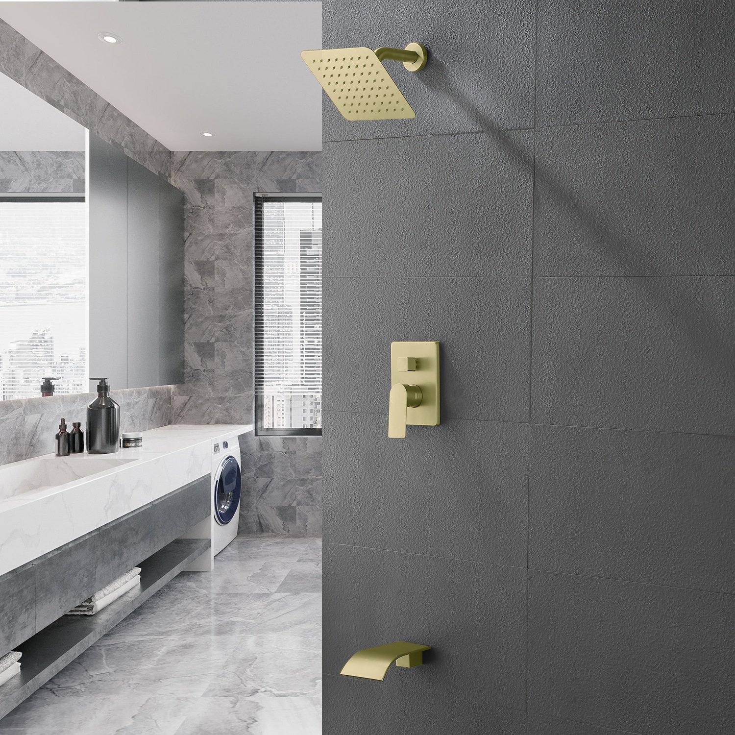 Mezcladora de baño y regadera cuadrada de 8 pulgadas en acabado dorado cepillado, de una sola manija y función única con válvula WA4026ORB02 de WELLFOR.