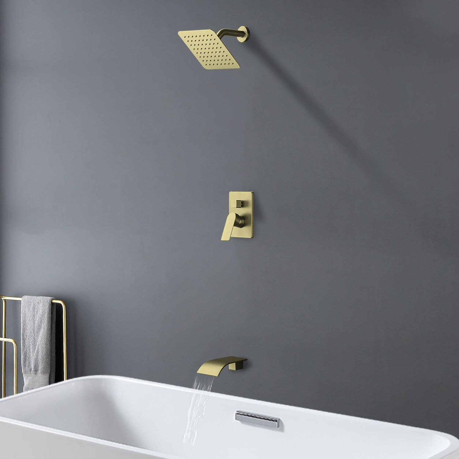 Mezcladora de baño y regadera cuadrada de 8 pulgadas en acabado dorado cepillado, de una sola manija y función única con válvula WA4026ORB02 de WELLFOR.
