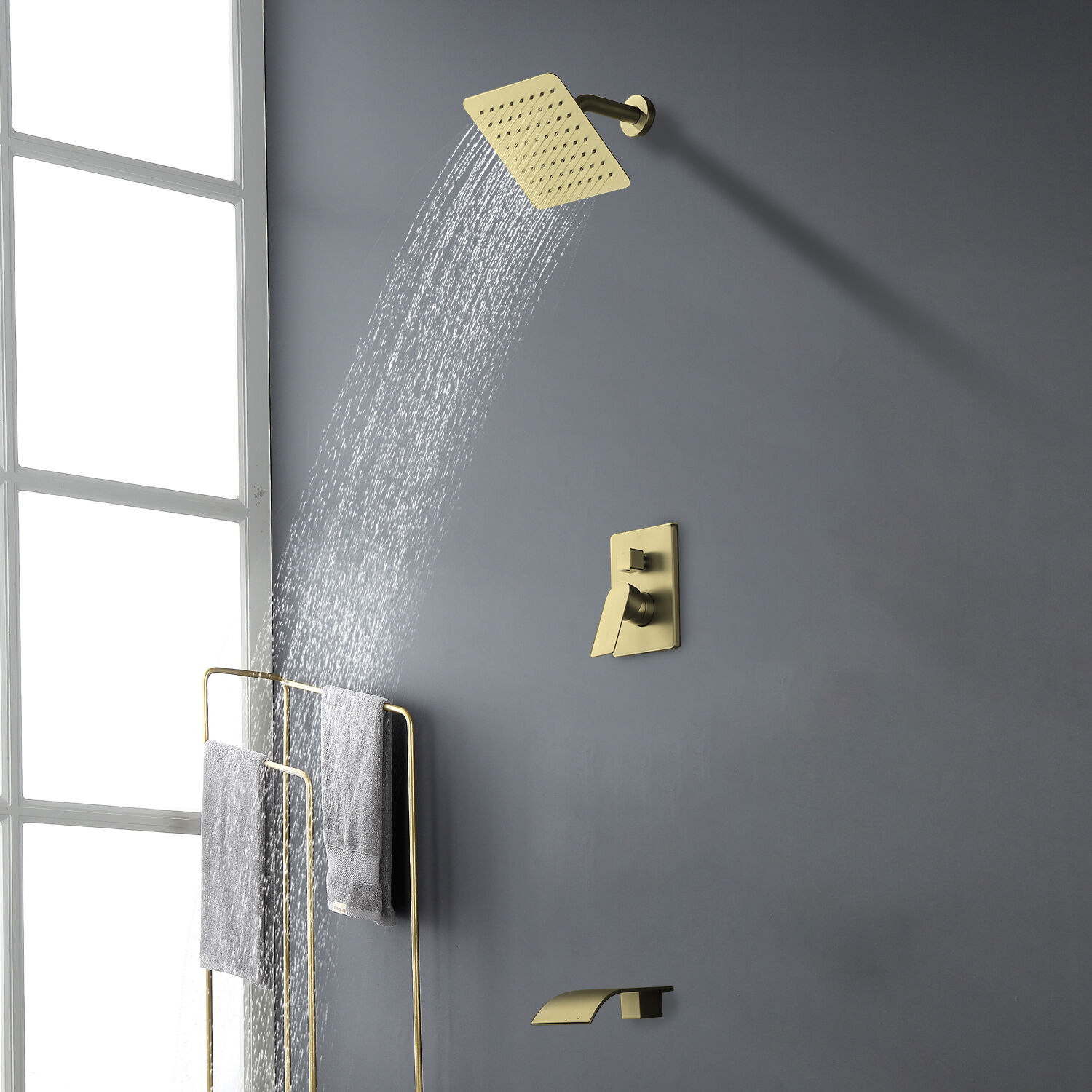 Mezcladora de baño y regadera cuadrada de 8 pulgadas en acabado dorado cepillado, de una sola manija y función única con válvula WA4026ORB02 de WELLFOR.