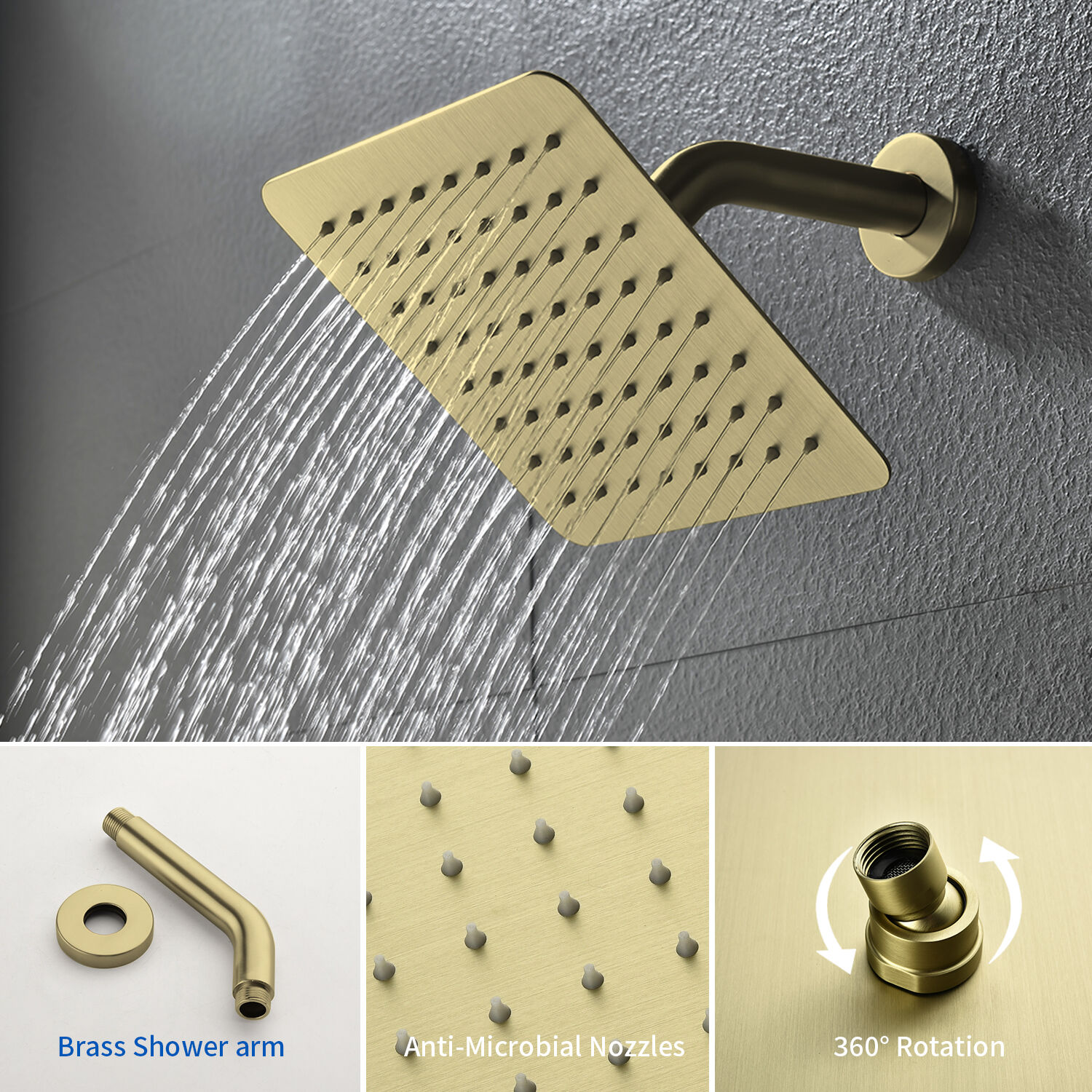Mezcladora de baño y regadera cuadrada de 8 pulgadas en acabado dorado cepillado, de una sola manija y función única con válvula WA4026ORB02 de WELLFOR.