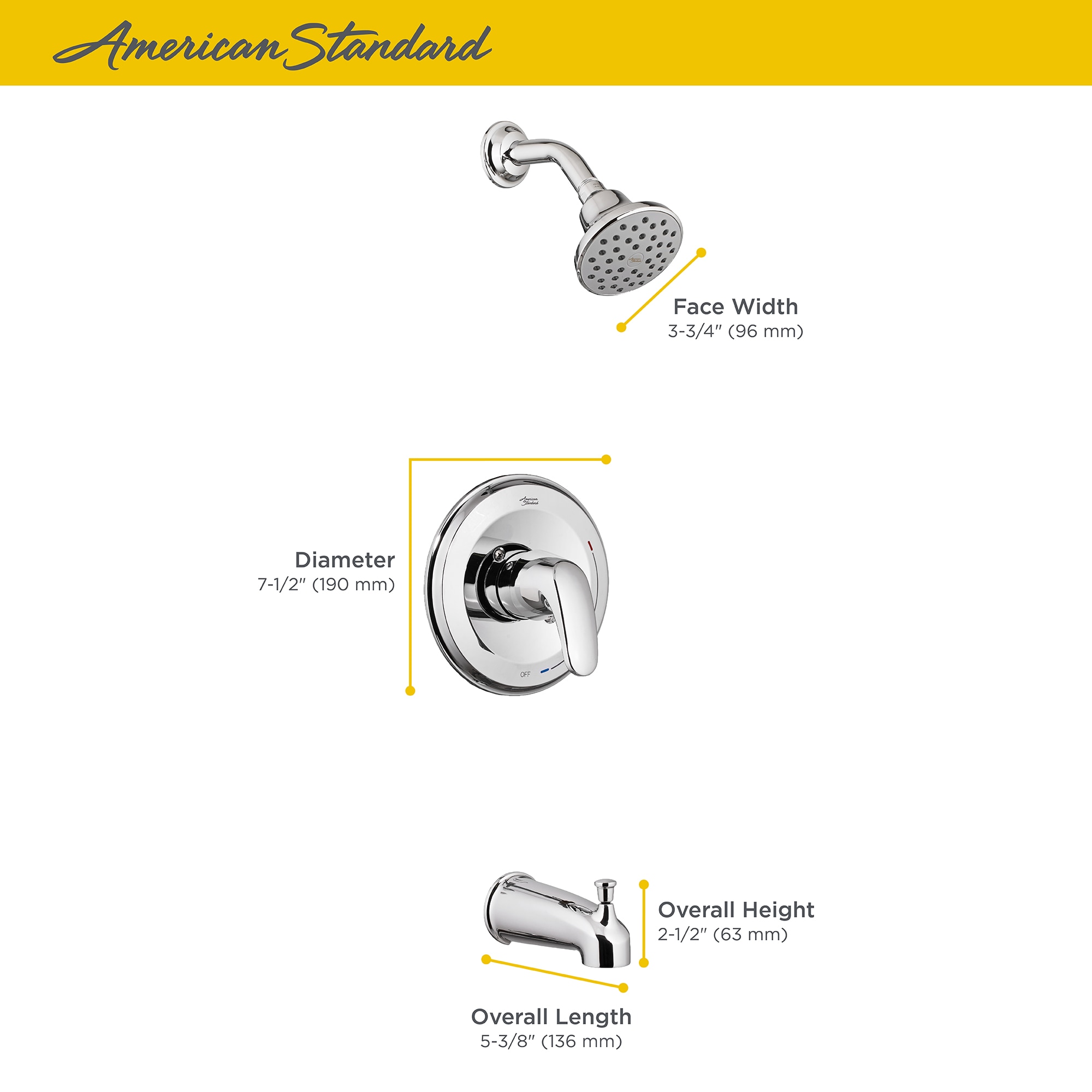 Producto: Grifo para bañera y ducha de una sola manija y múltiples funciones, acabado cromado pulido de la línea American Standard Colony de 3.75 pulgadas.