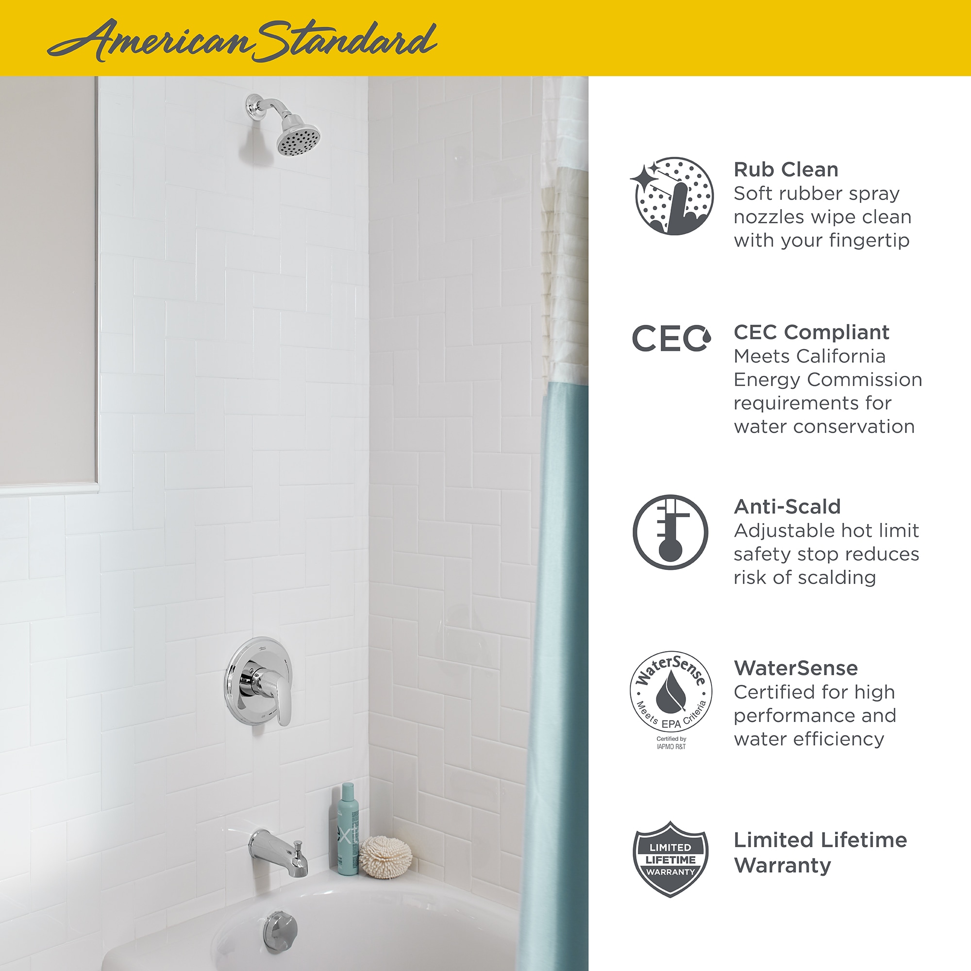 Producto: Grifo para bañera y ducha de una sola manija y múltiples funciones, acabado cromado pulido de la línea American Standard Colony de 3.75 pulgadas.