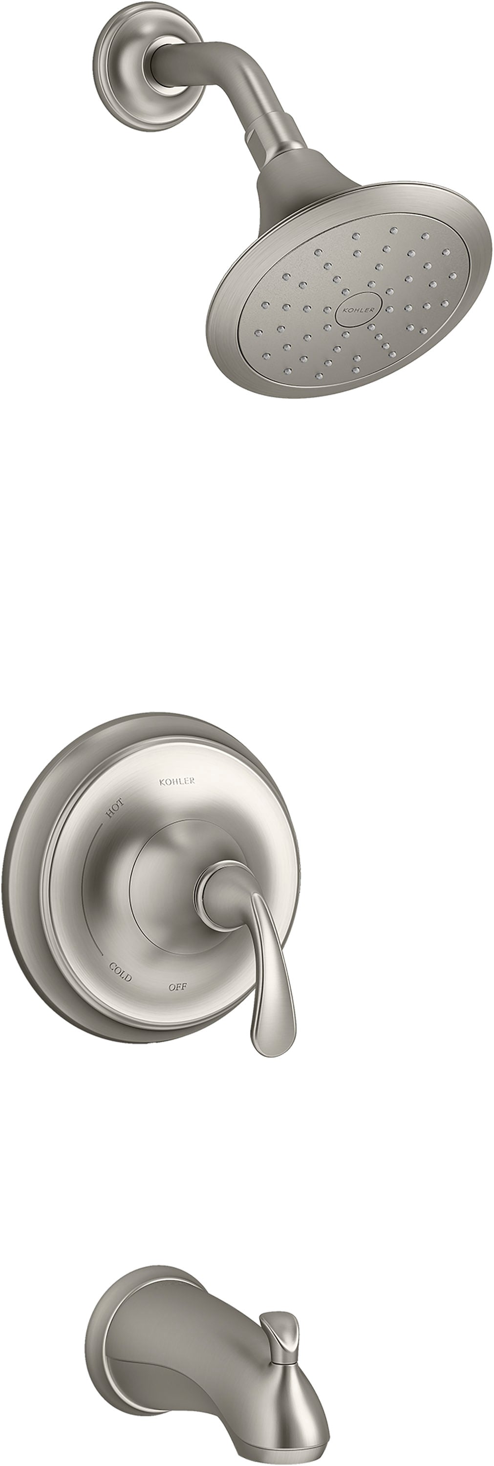 Llave para bañera y ducha de una sola función y un solo mango en níquel cepillado vibrante KOHLER Forte de 4.5625 pulgadas.