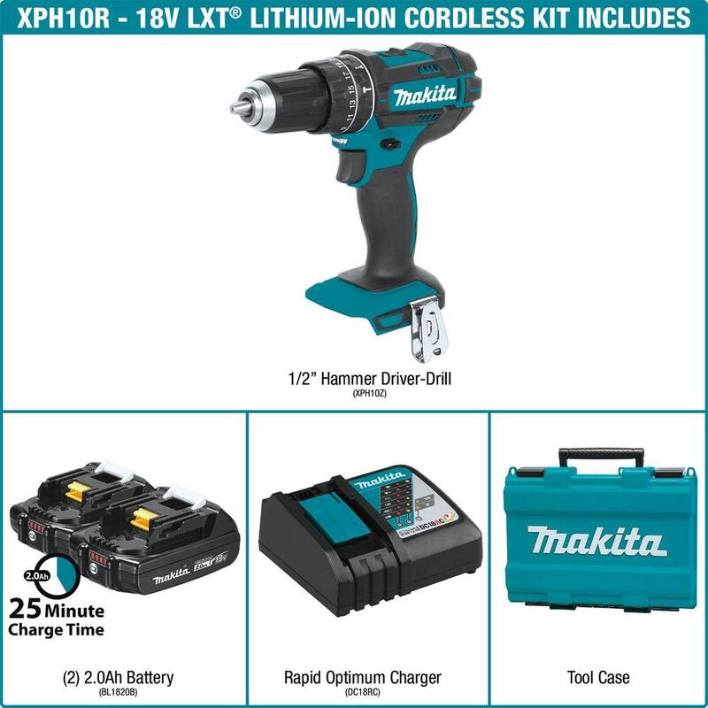 Kit de taladro martillo inalámbrico compacto de 1/2 pulgadas con baterías de iones de litio de 18V (2.0 Ah), cargador y estuche duro - XPH10R de Makita.