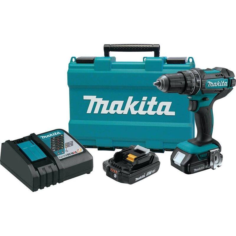 Kit de taladro martillo inalámbrico compacto de 1/2 pulgadas con baterías de iones de litio de 18V (2.0 Ah), cargador y estuche duro - XPH10R de Makita.