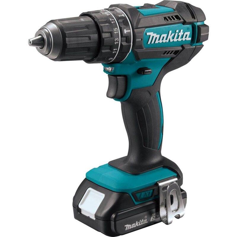 Kit de taladro martillo inalámbrico compacto de 1/2 pulgadas con baterías de iones de litio de 18V (2.0 Ah), cargador y estuche duro - XPH10R de Makita.
