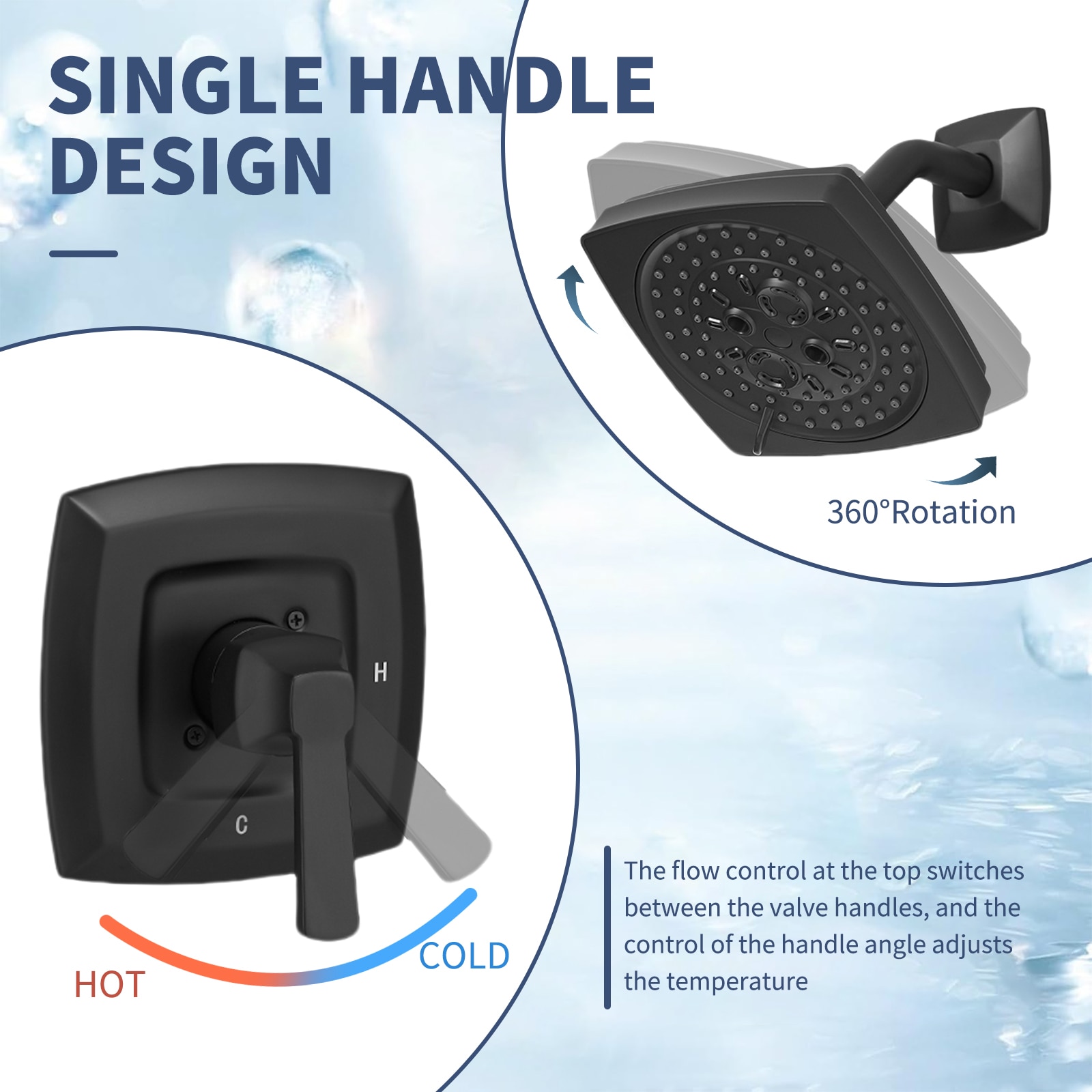 Mezcladora Mate Negra de 1 Manija para Bañera y Ducha Cuadrada de 9.06 pulgadas con Válvula A-95028-NEGRO