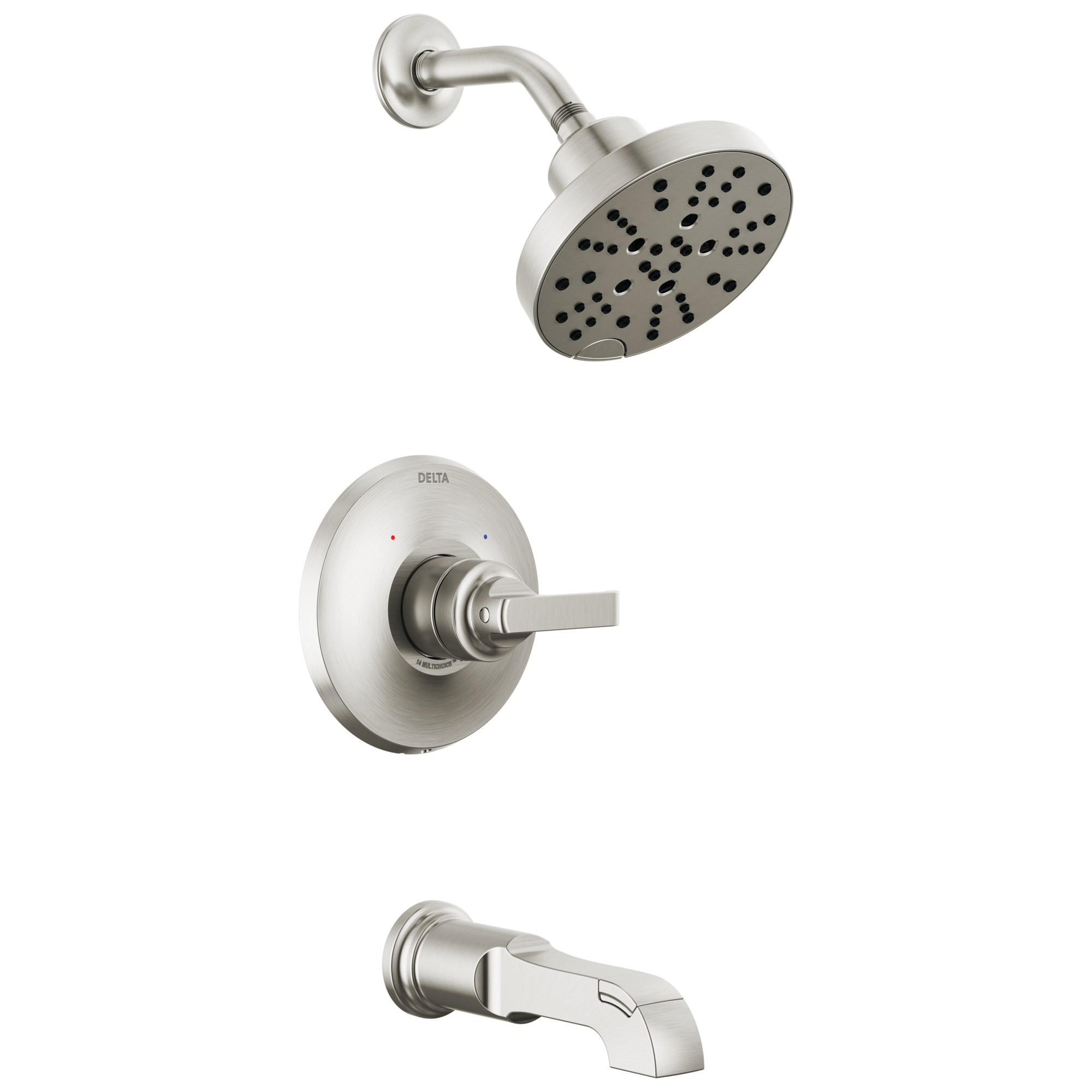 Grifo para bañera y ducha redonda de 6 pulgadas con un solo mango de acero inoxidable con recubrimiento lumínico Delta Tetra.