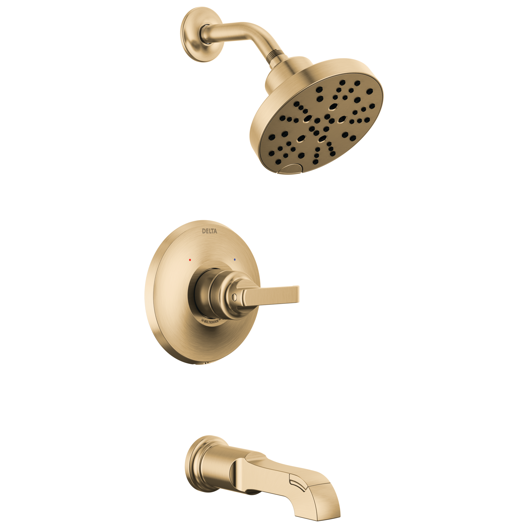 Grifo para bañera y ducha redonda multifuncional de 6 pulgadas, con un mango en tono bronce champán Delta Tetra Lumicoat