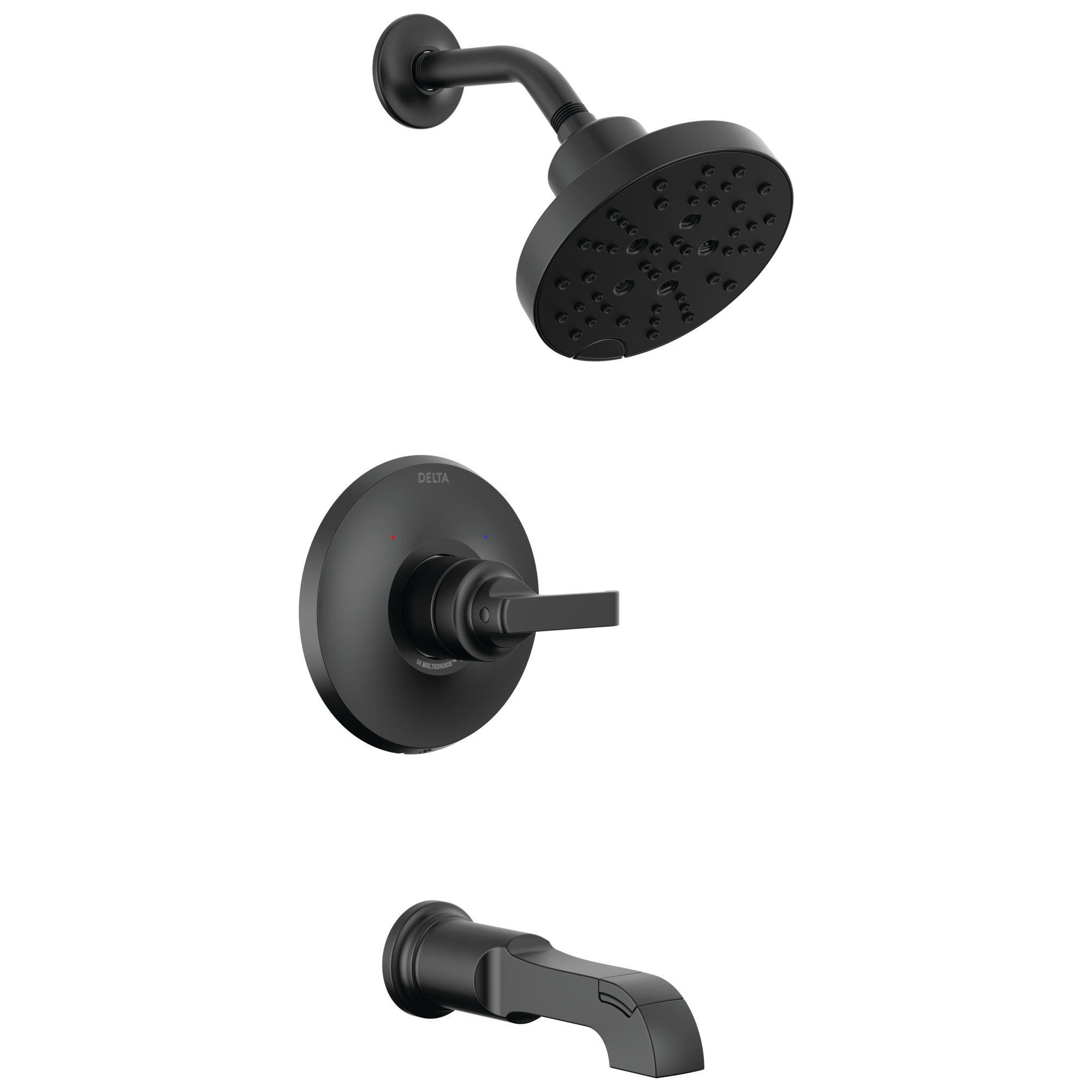 Grifo de bañera y ducha redonda de 6 pulgadas con acabado negro mate de un solo mango y función múltiple Delta Tetra T14489-BL